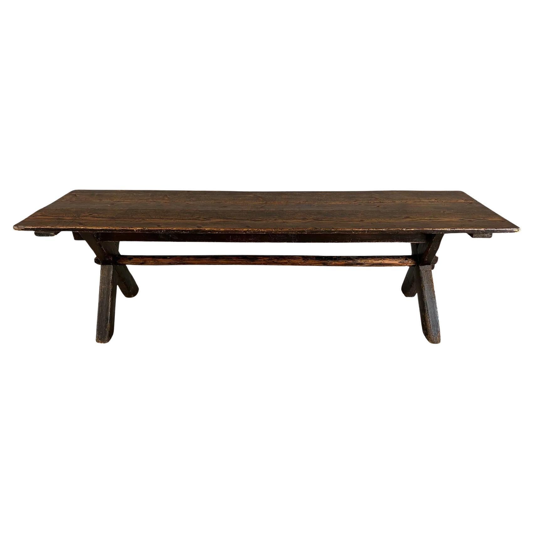 Rare 18c Scandinavian Pine Trestle Dining Table With X-Legs Base