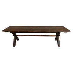 Rare 18c Scandinavian Pine Trestle Dining Table With X-Legs Base