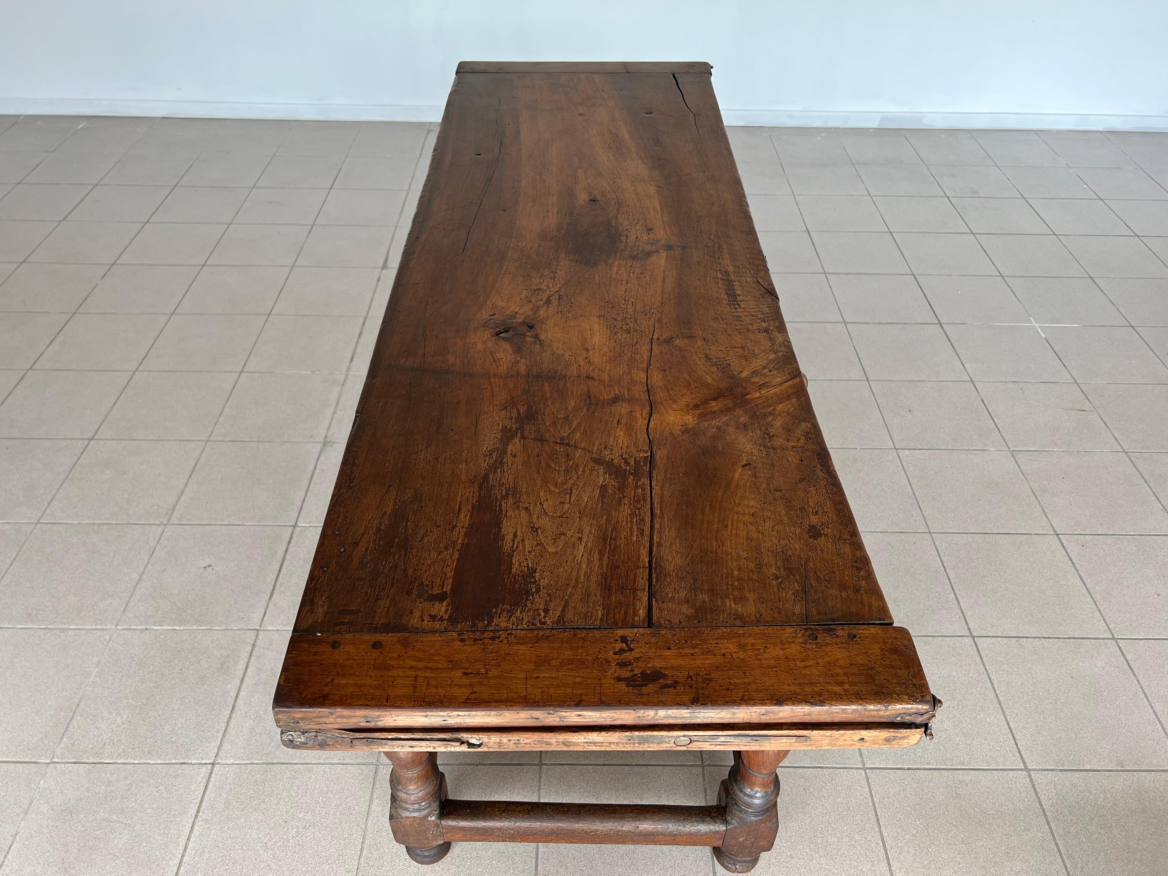Rare 18c Swiss French Alp Rustic Flip Top Dining Table or Desk With Two Drawers For Sale 5