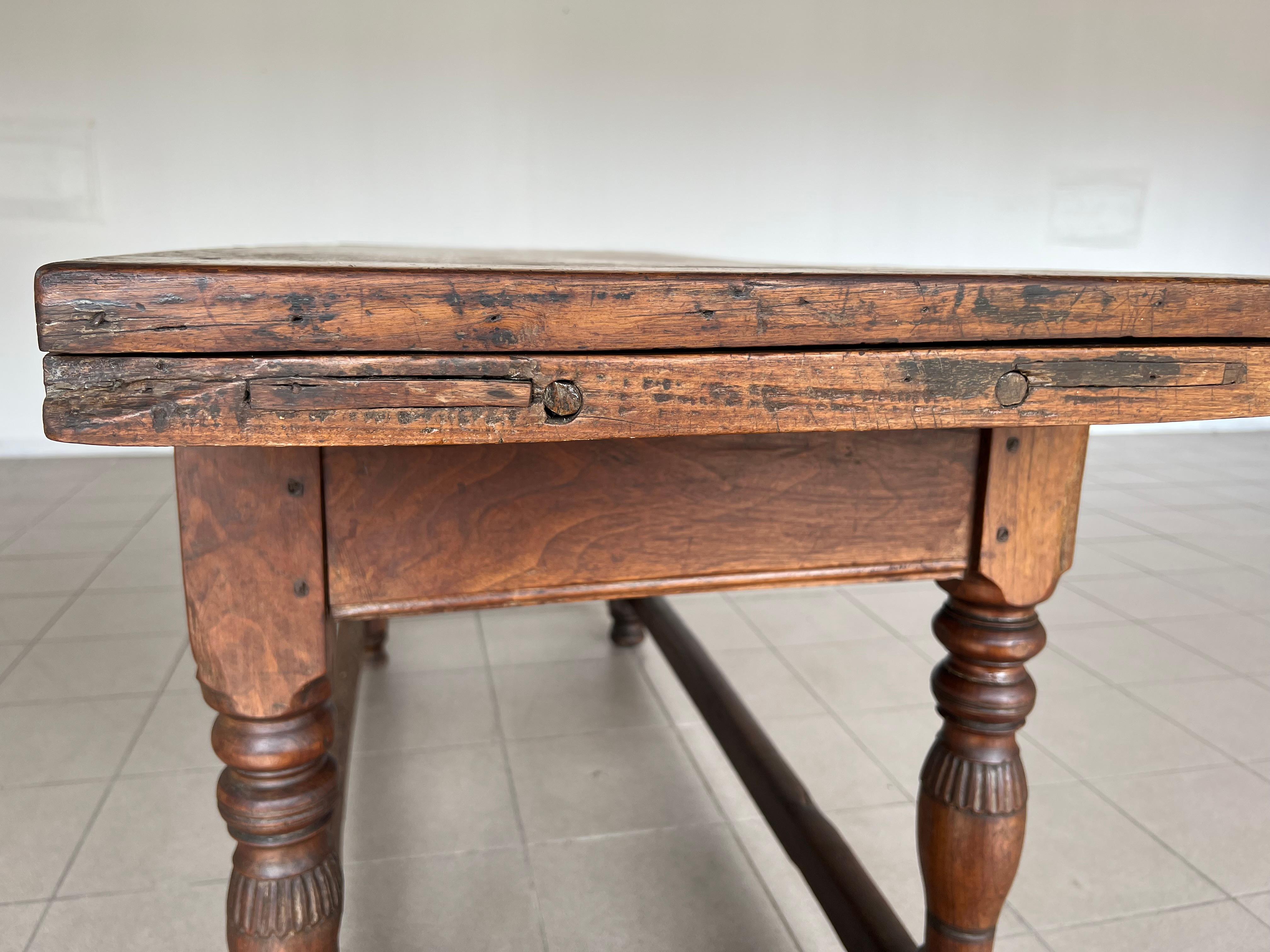 Rare 18c Swiss French Alp Rustic Flip Top Dining Table or Desk With Two Drawers For Sale 7