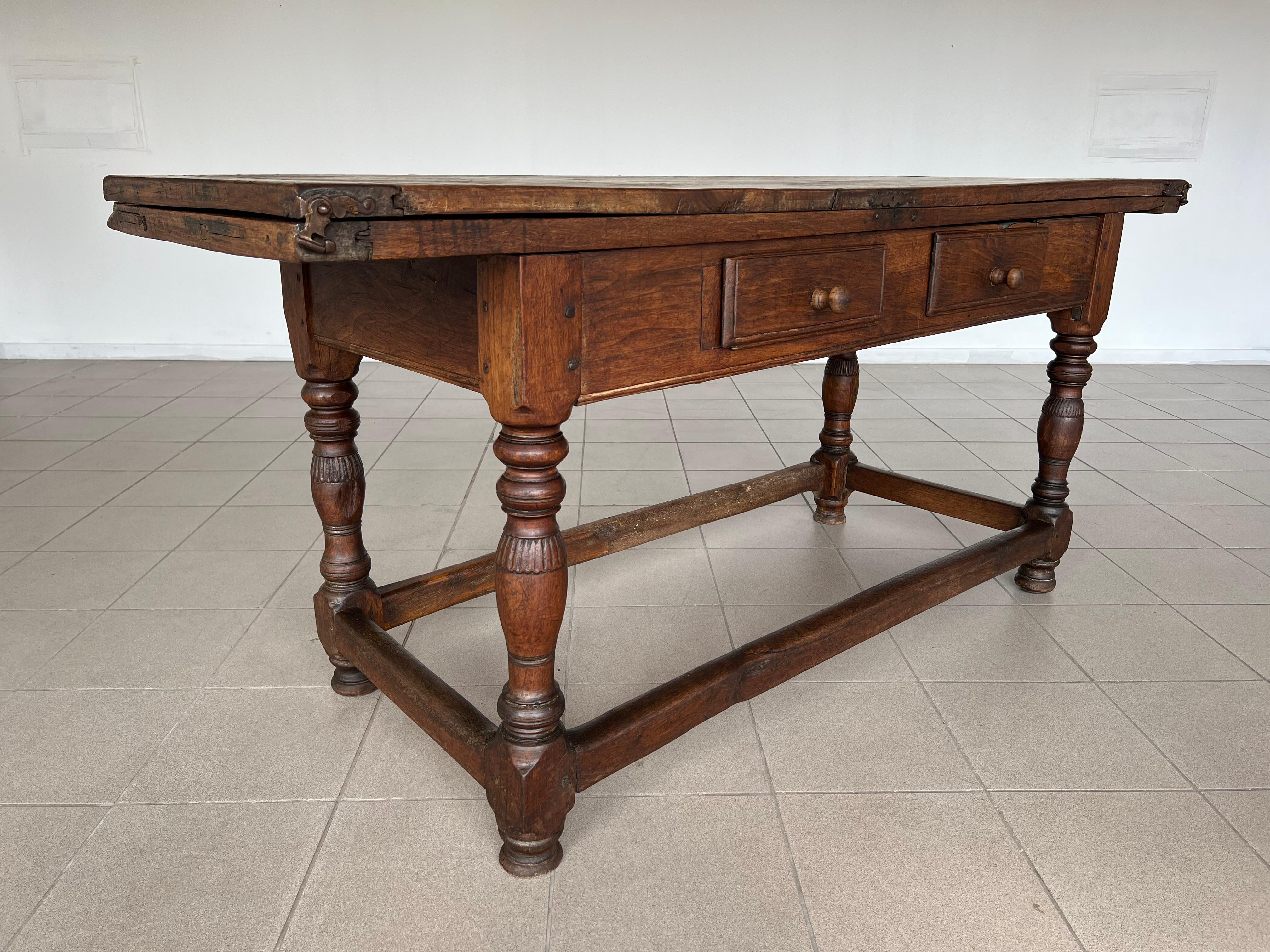 Rare 18c Swiss French Alp Rustic Flip Top Dining Table or Desk With Two Drawers For Sale 10
