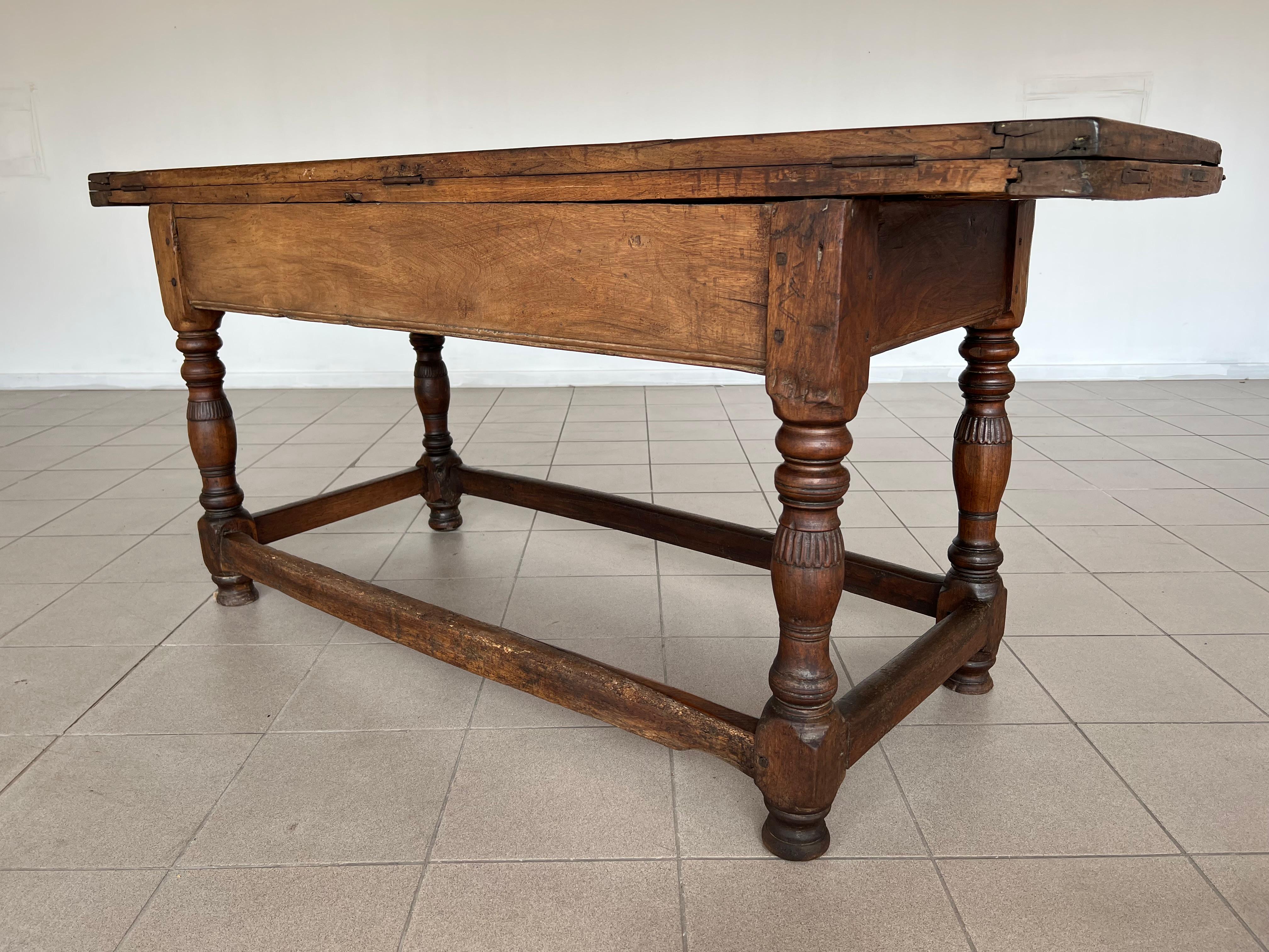 Rare 18c Swiss French Alp Rustic Flip Top Dining Table or Desk With Two Drawers For Sale 13