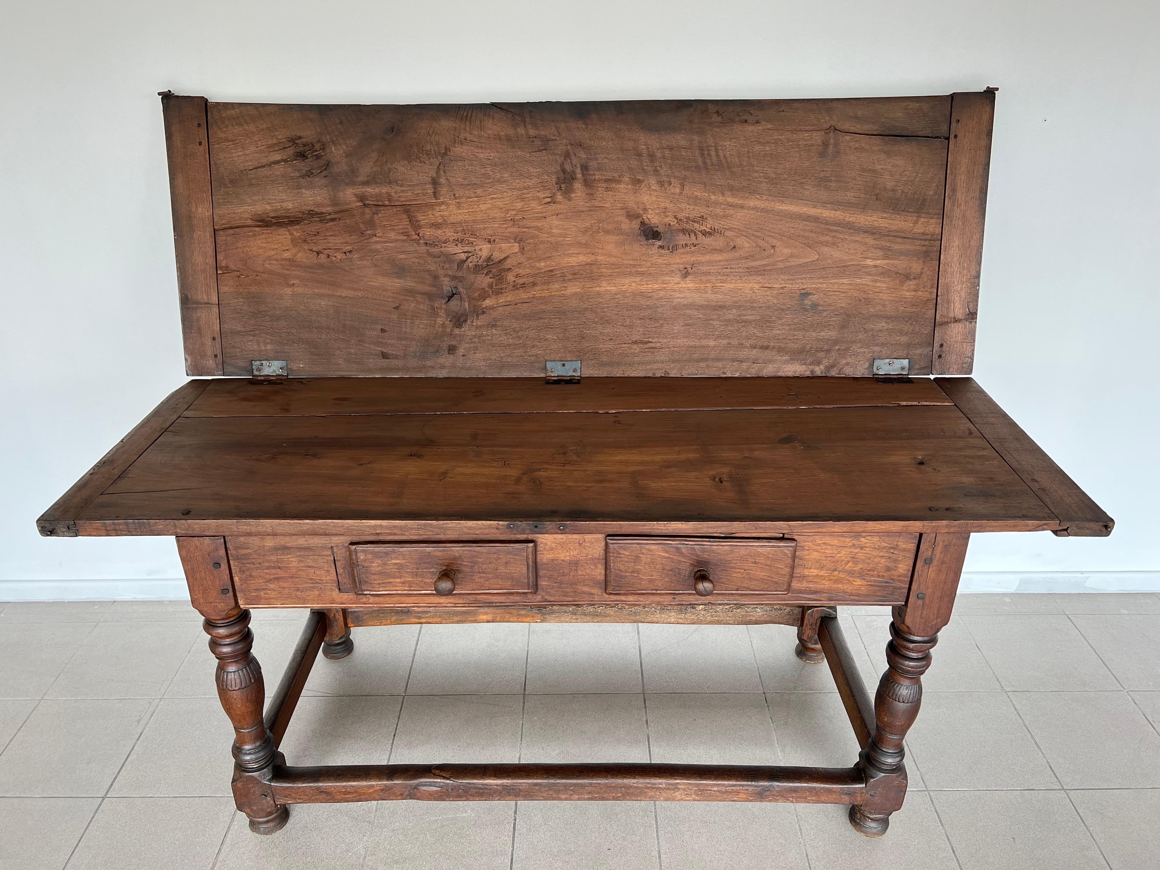 Rare 18c Swiss French Alp Rustic Flip Top Dining Table or Desk With Two Drawers In Fair Condition For Sale In Bridgeport, CT