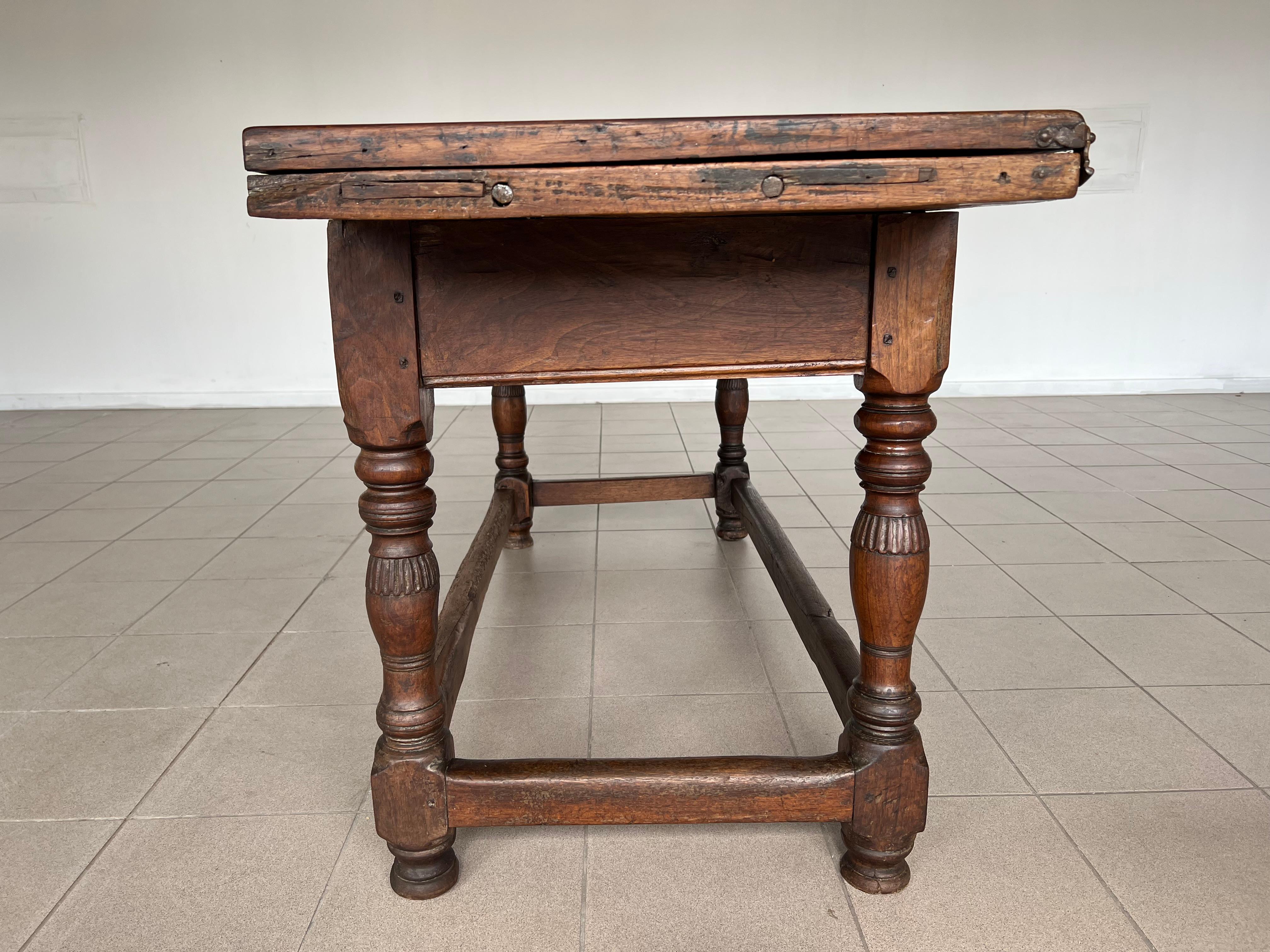 Rare 18c Swiss French Alp Rustic Flip Top Dining Table or Desk With Two Drawers For Sale 4