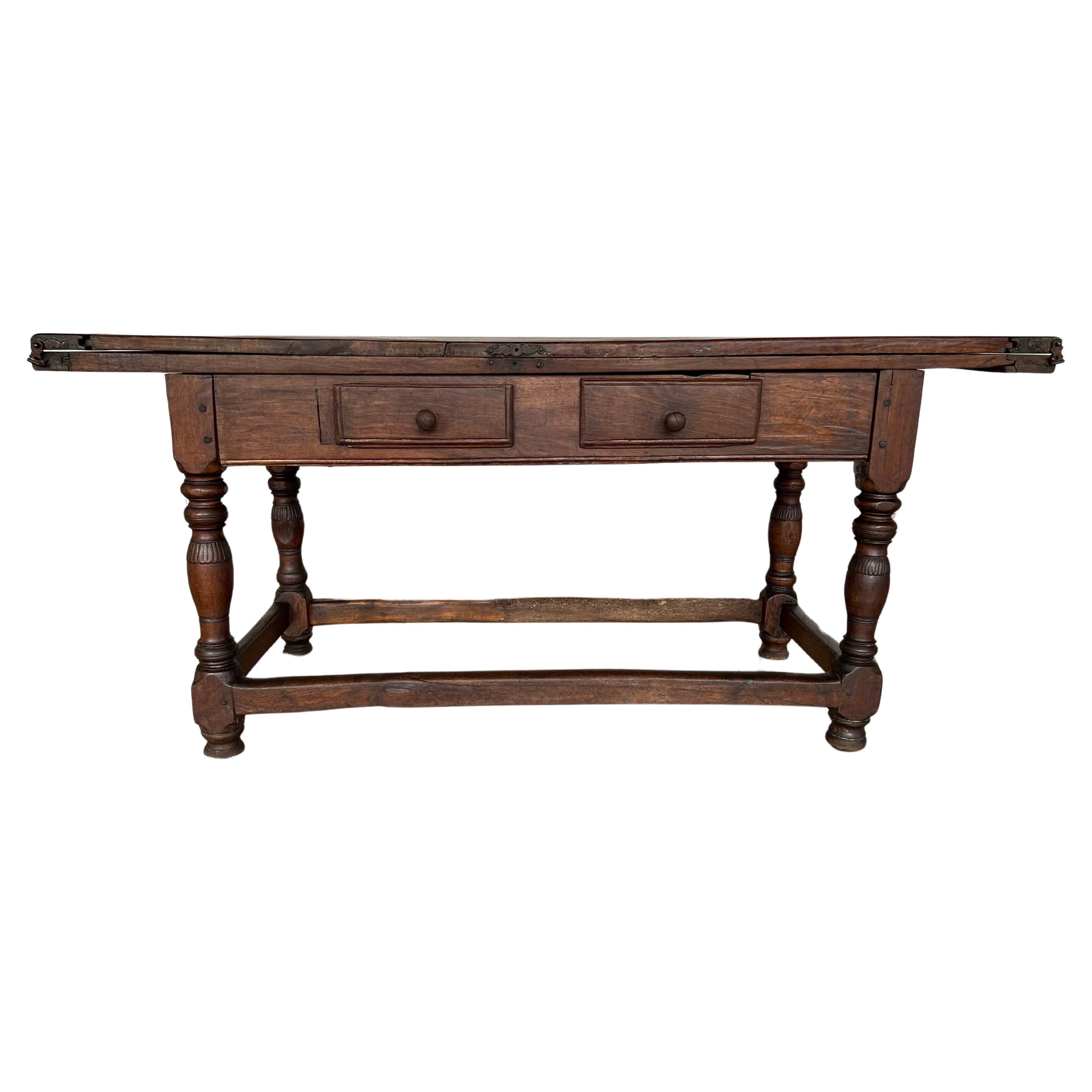 Rare 18c Swiss French Alp Rustic Flip Top Dining Table or Desk With Two Drawers For Sale