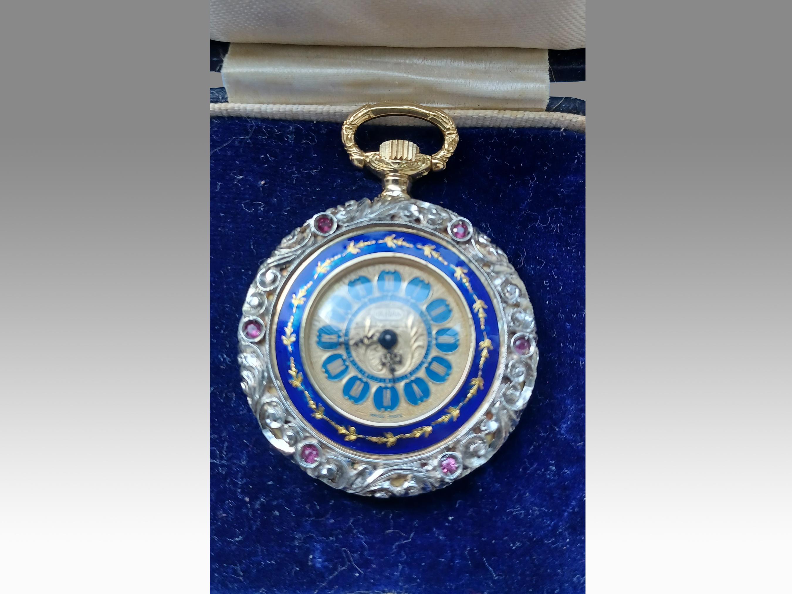 Rare 18ct Ruby and Diamond Pocket Watch with Elaborate Mountings and Jewels For Sale 5