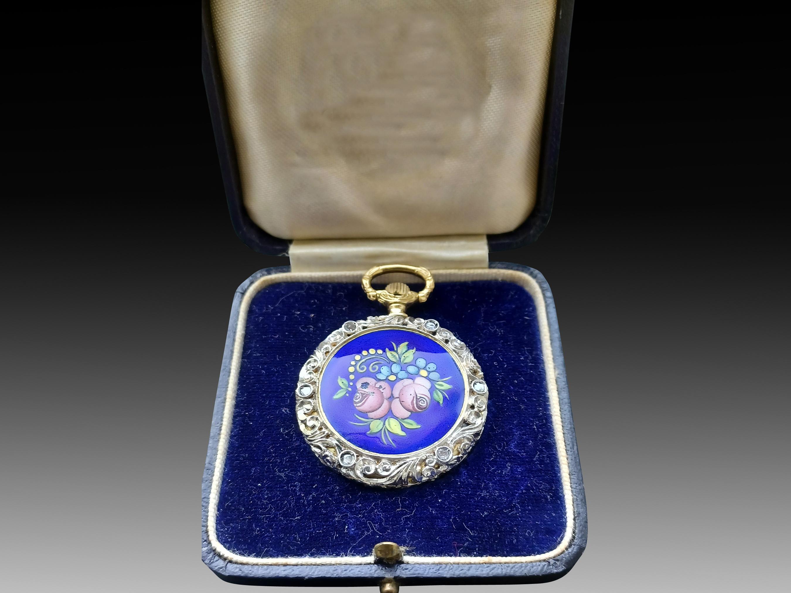 Rare 18ct Ruby and Diamond Pocket Watch with Elaborate Mountings and Jewels In Excellent Condition For Sale In London, GB