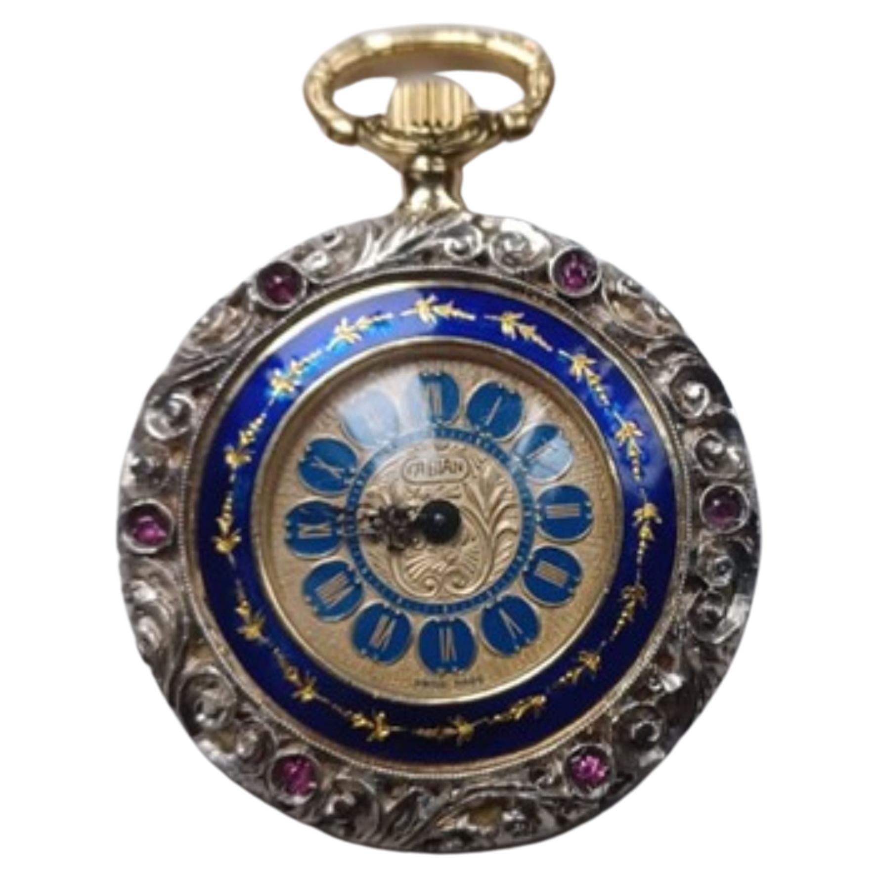 Rare montre à gousset en rubis et diamants de 18 carats avec montures et bijoux élaborés