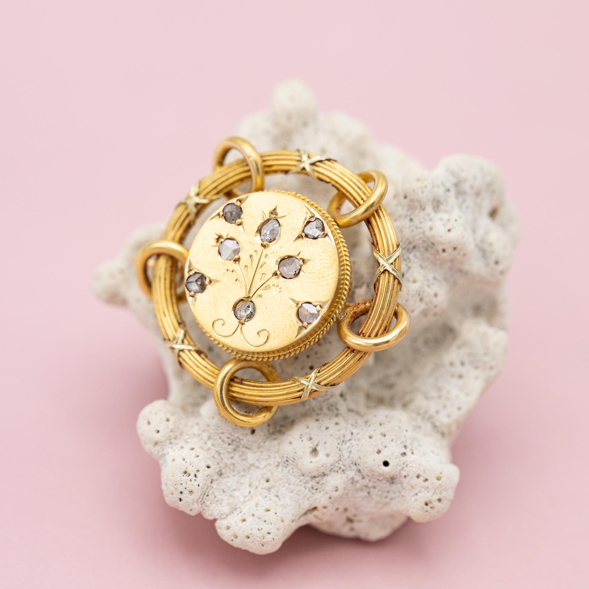 Rare 18k Floral Victorian Brooch - 18 Karat solid yellow gold - Antique, diamond 5