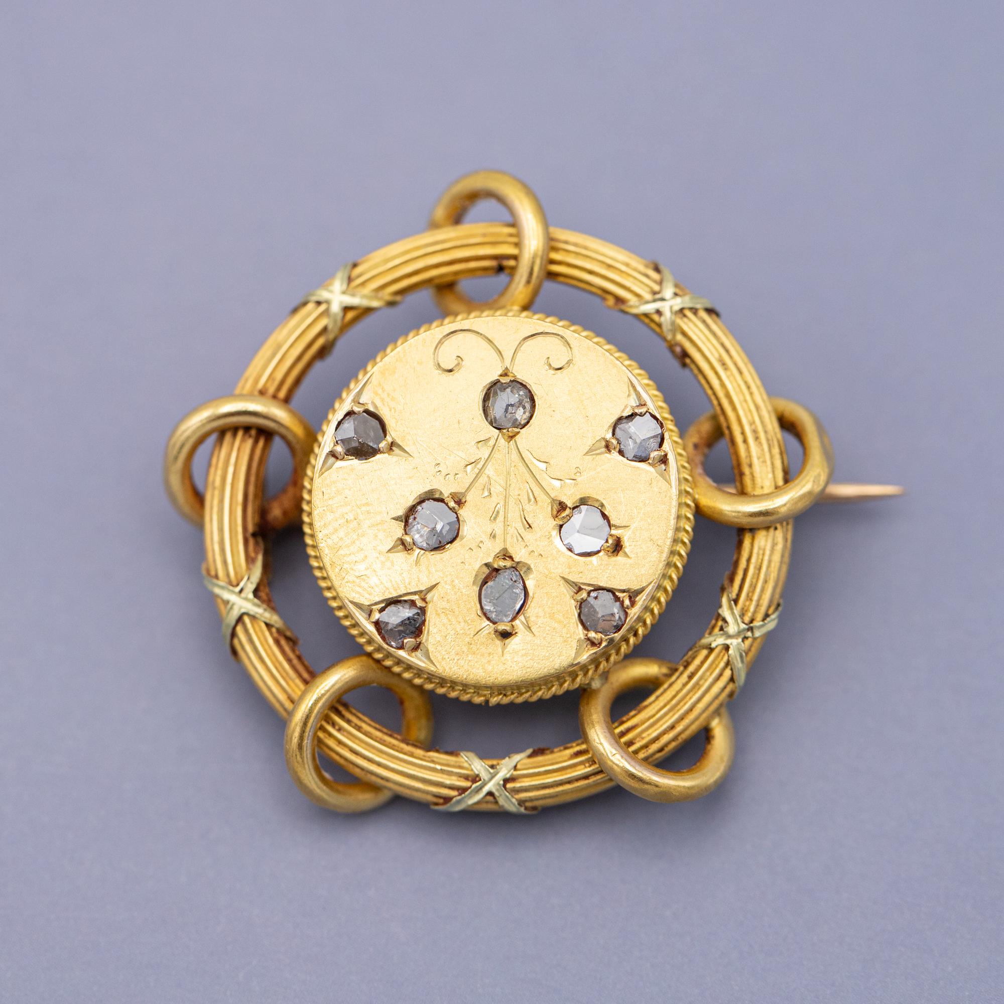 Rare 18k Floral Victorian Brooch - 18 Karat solid yellow gold - Antique, diamond 6