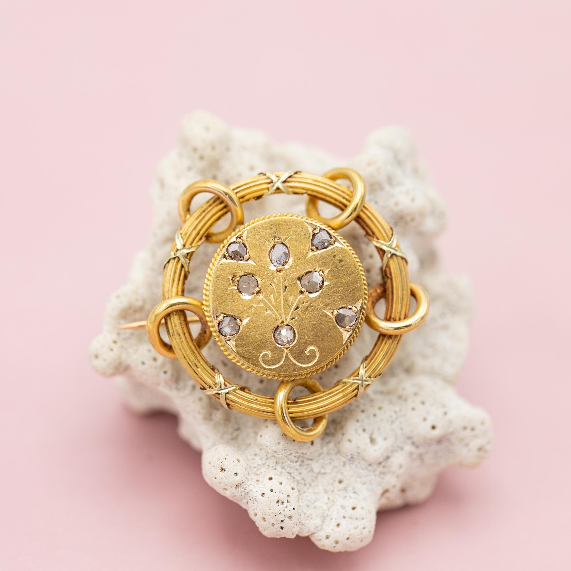 Rare 18k Floral Victorian Brooch - 18 Karat solid yellow gold - Antique, diamond 8