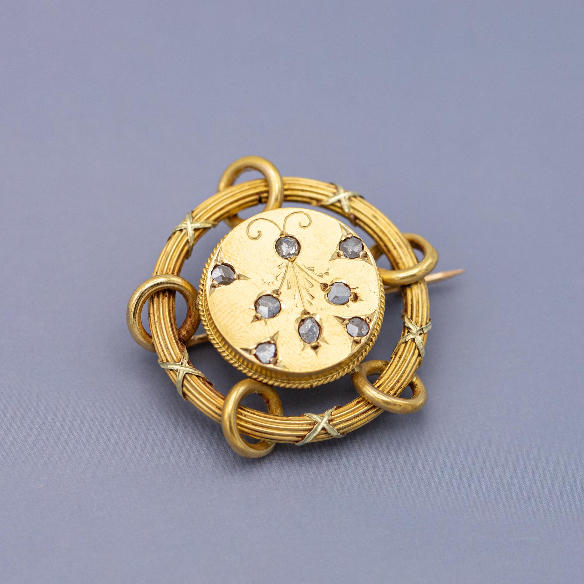 Rare 18k Floral Victorian Brooch - 18 Karat solid yellow gold - Antique, diamond 9