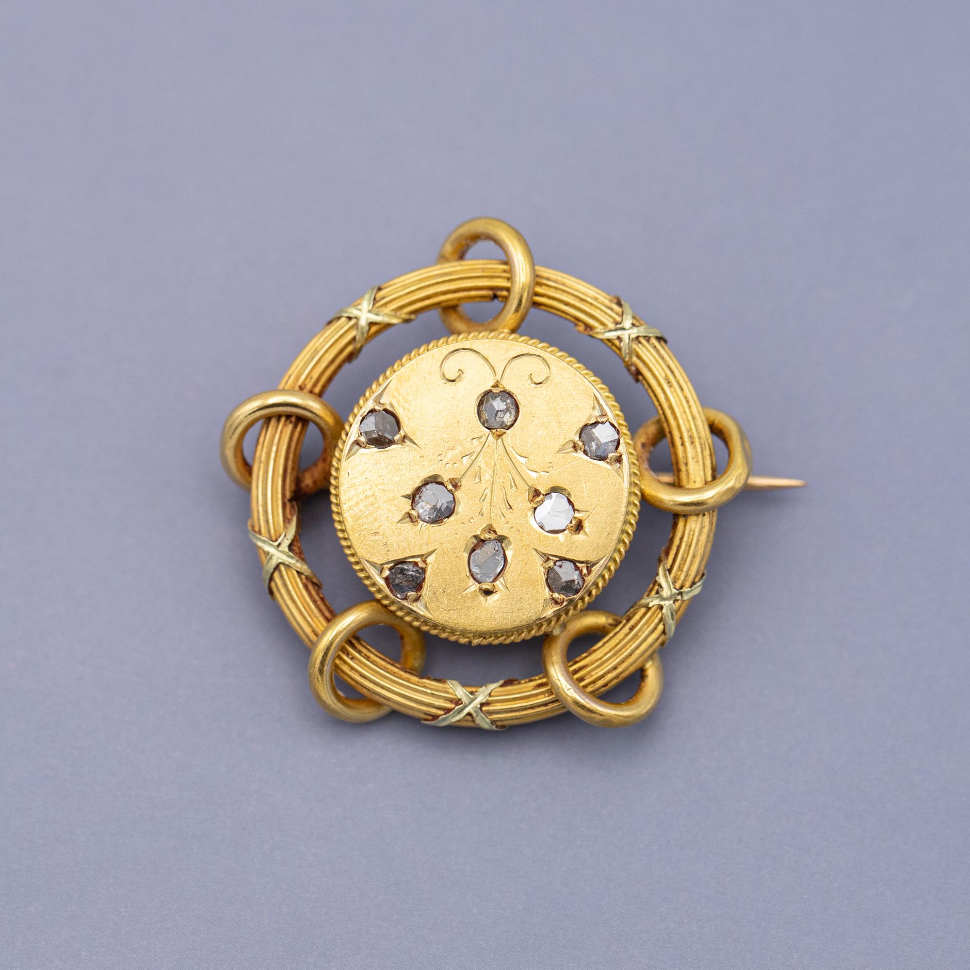 Rare 18k Floral Victorian Brooch - 18 Karat solid yellow gold - Antique, diamond 10