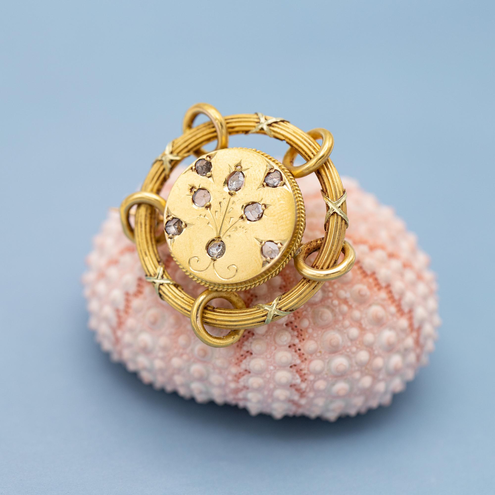 We are happy to introduce you to this work of art from the Napoleon III period during the late 19th century, also known as the late Victorian period. This floral themed collar brooch is crafted 18 Karat solid gold and features stunning floral shaped