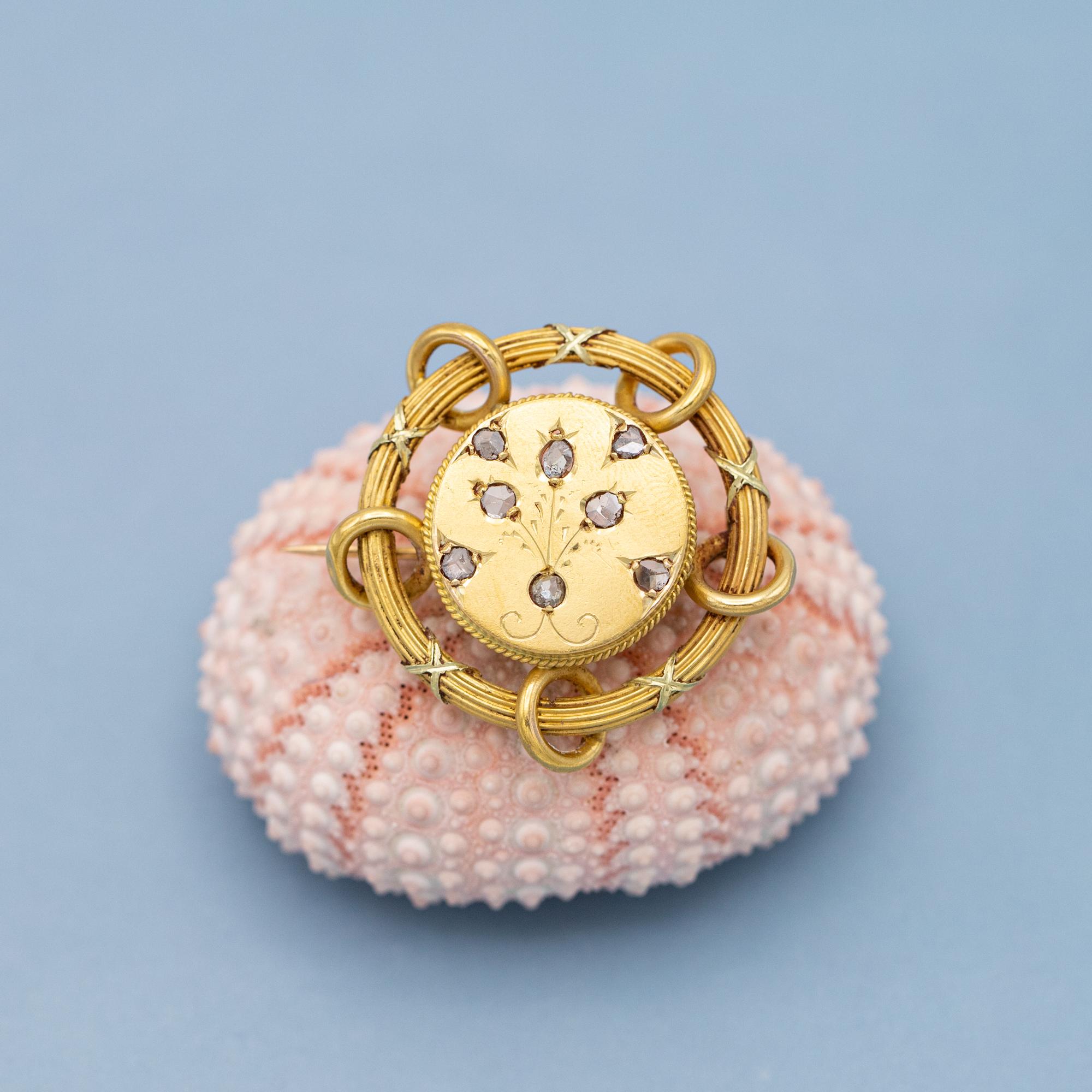 Rose Cut Rare 18k Floral Victorian Brooch - 18 Karat solid yellow gold - Antique, diamond