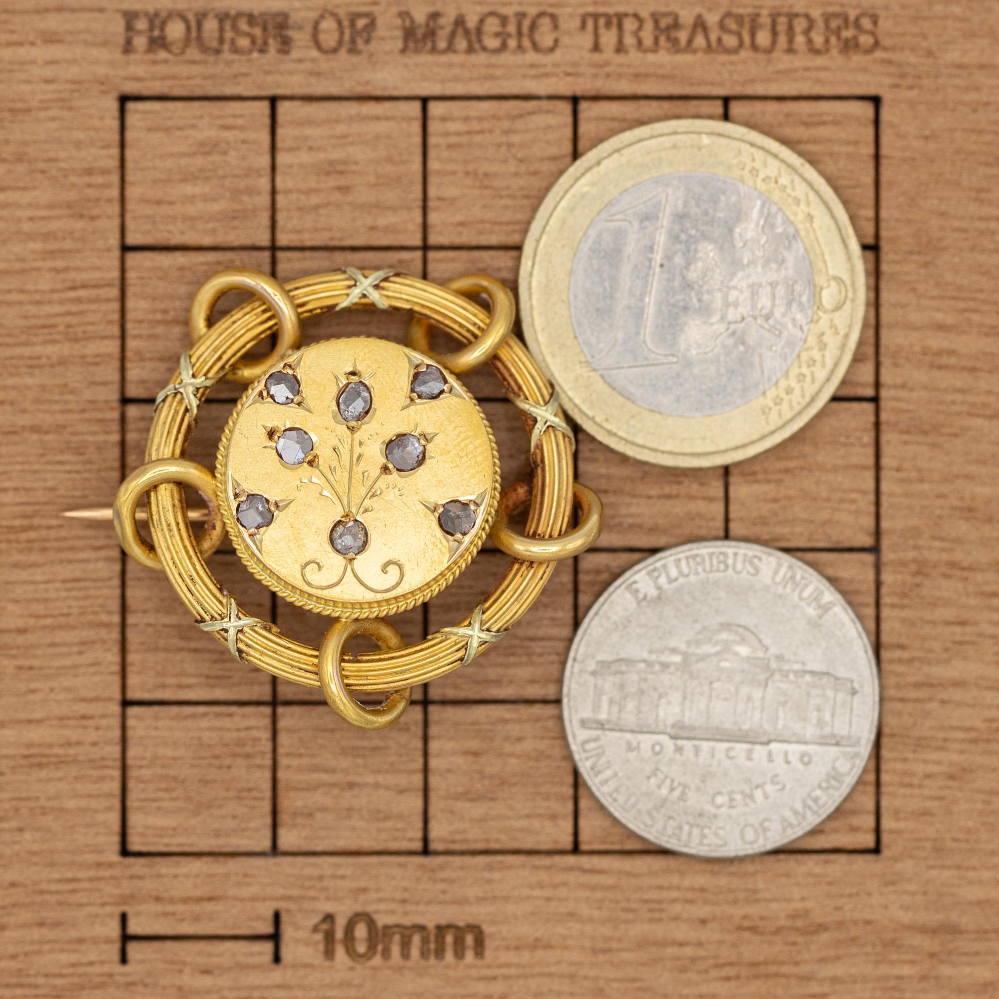 Women's or Men's Rare 18k Floral Victorian Brooch - 18 Karat solid yellow gold - Antique, diamond