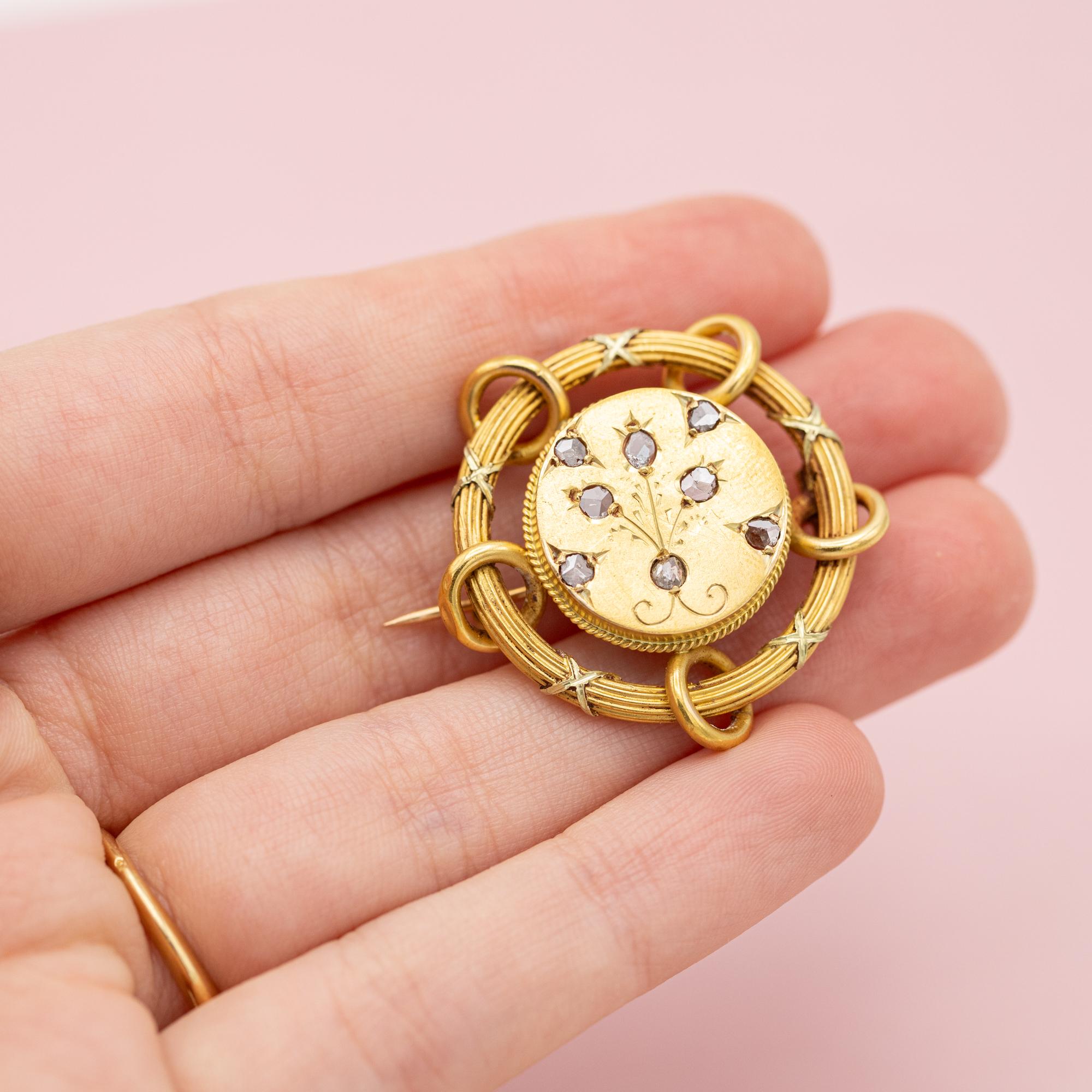 Rare 18k Floral Victorian Brooch - 18 Karat solid yellow gold - Antique, diamond 1