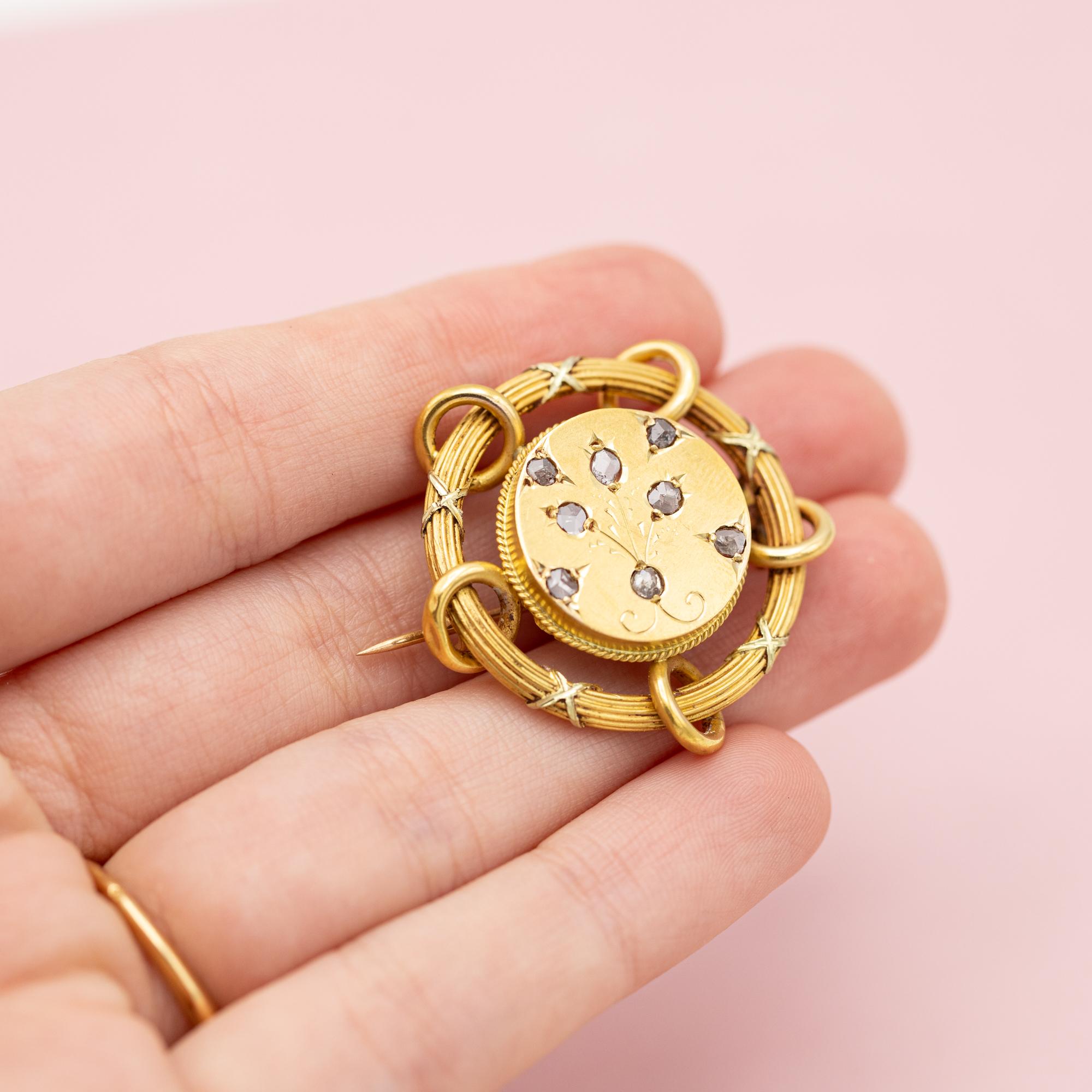 Rare 18k Floral Victorian Brooch - 18 Karat solid yellow gold - Antique, diamond 2