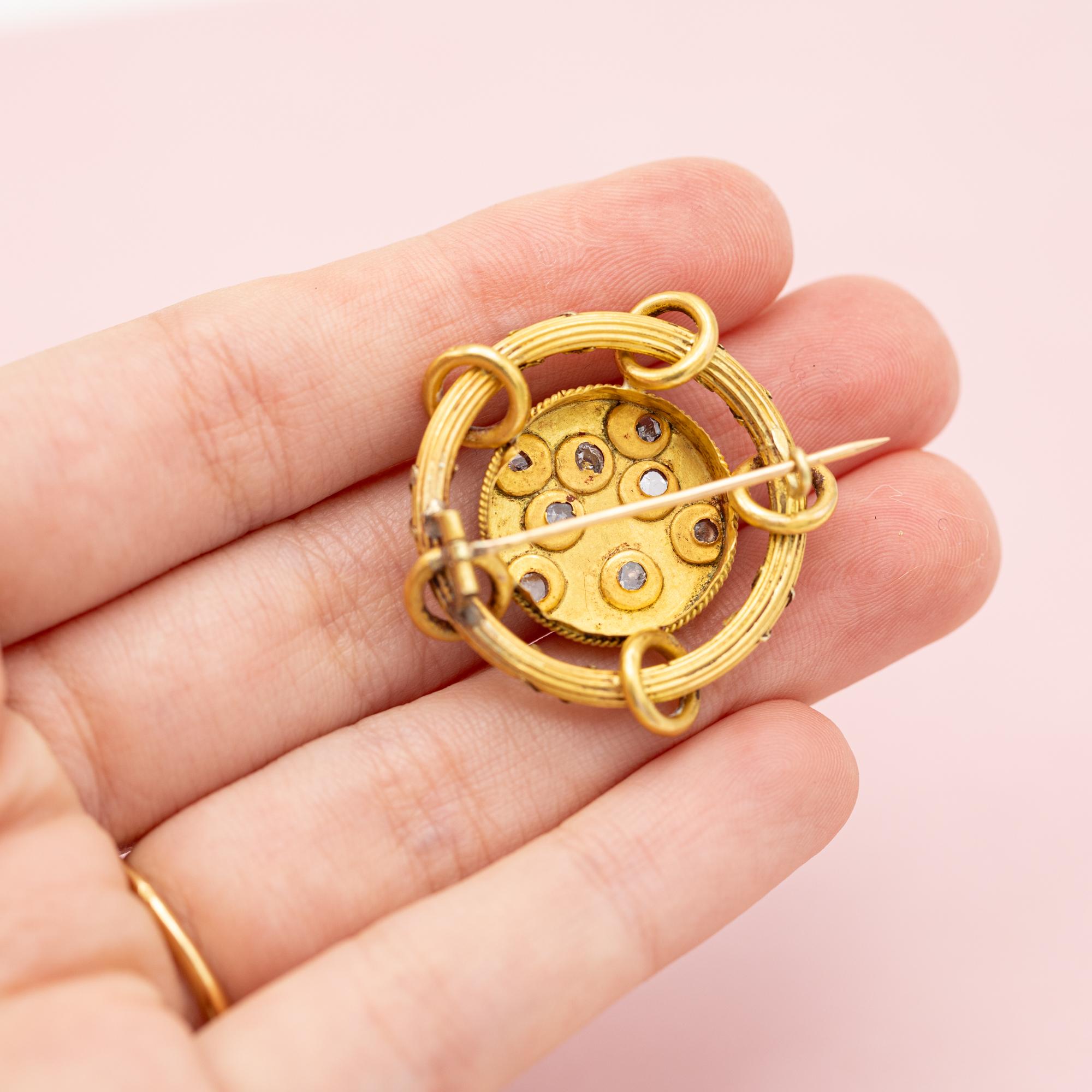 Rare 18k Floral Victorian Brooch - 18 Karat solid yellow gold - Antique, diamond 3