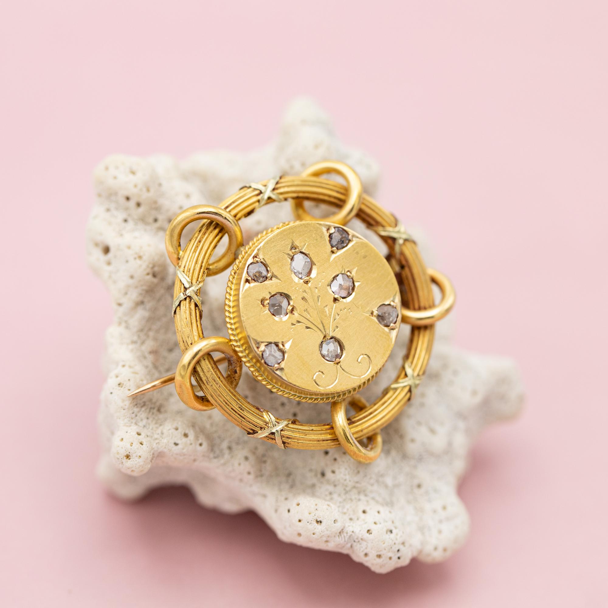 Rare 18k Floral Victorian Brooch - 18 Karat solid yellow gold - Antique, diamond 4