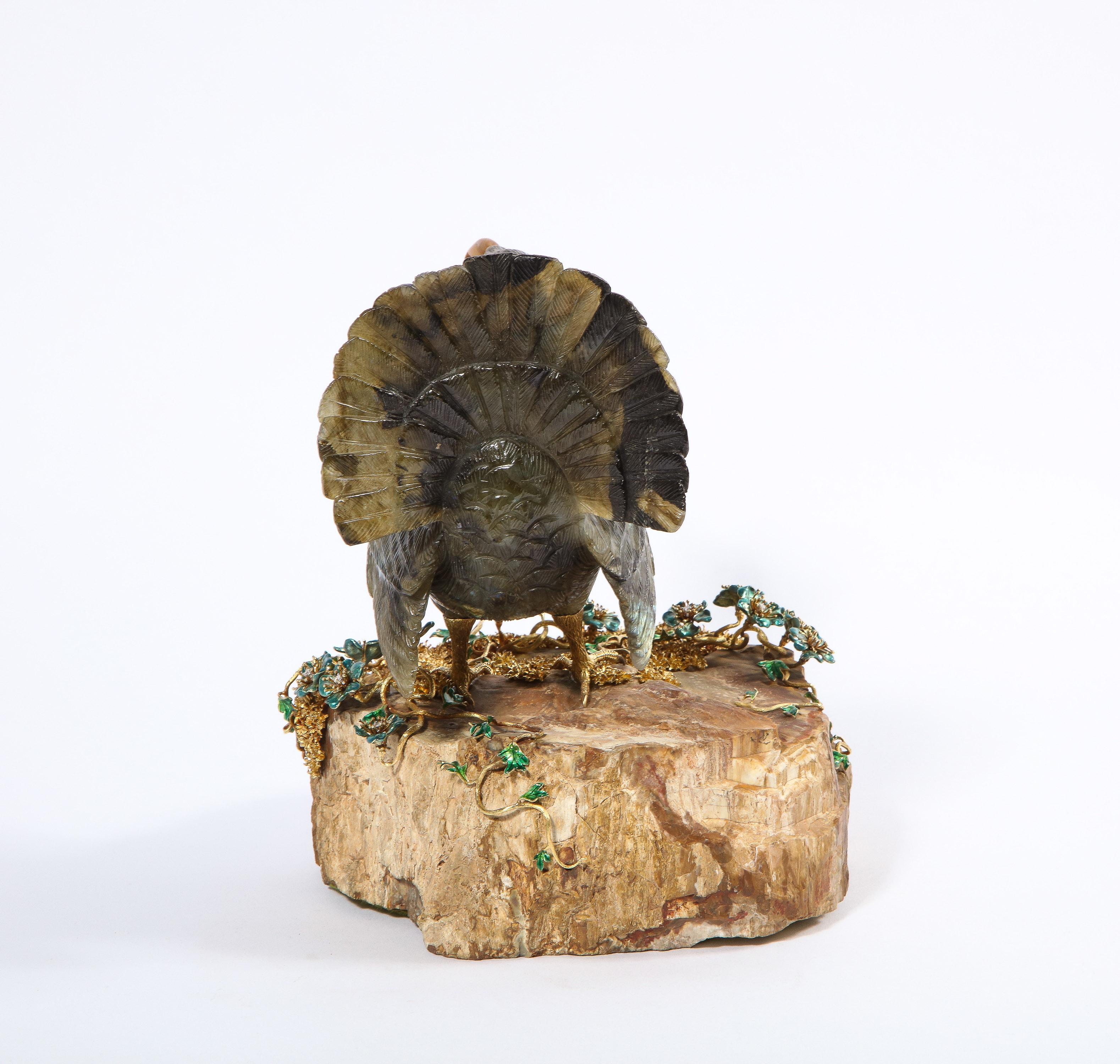 Rare 18K Gold, Enamel and Diamond Mounted Carved Labradorite Turkey Bird For Sale 5