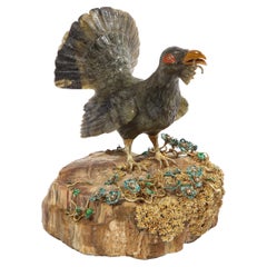 Rare 18K Gold, Enamel and Diamond Mounted Carved Labradorite Turkey Bird