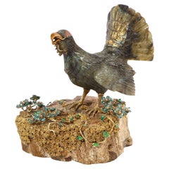 Rare 18K Gold, Enamel and Diamond Mounted Carved Labradorite Turkey Bird
