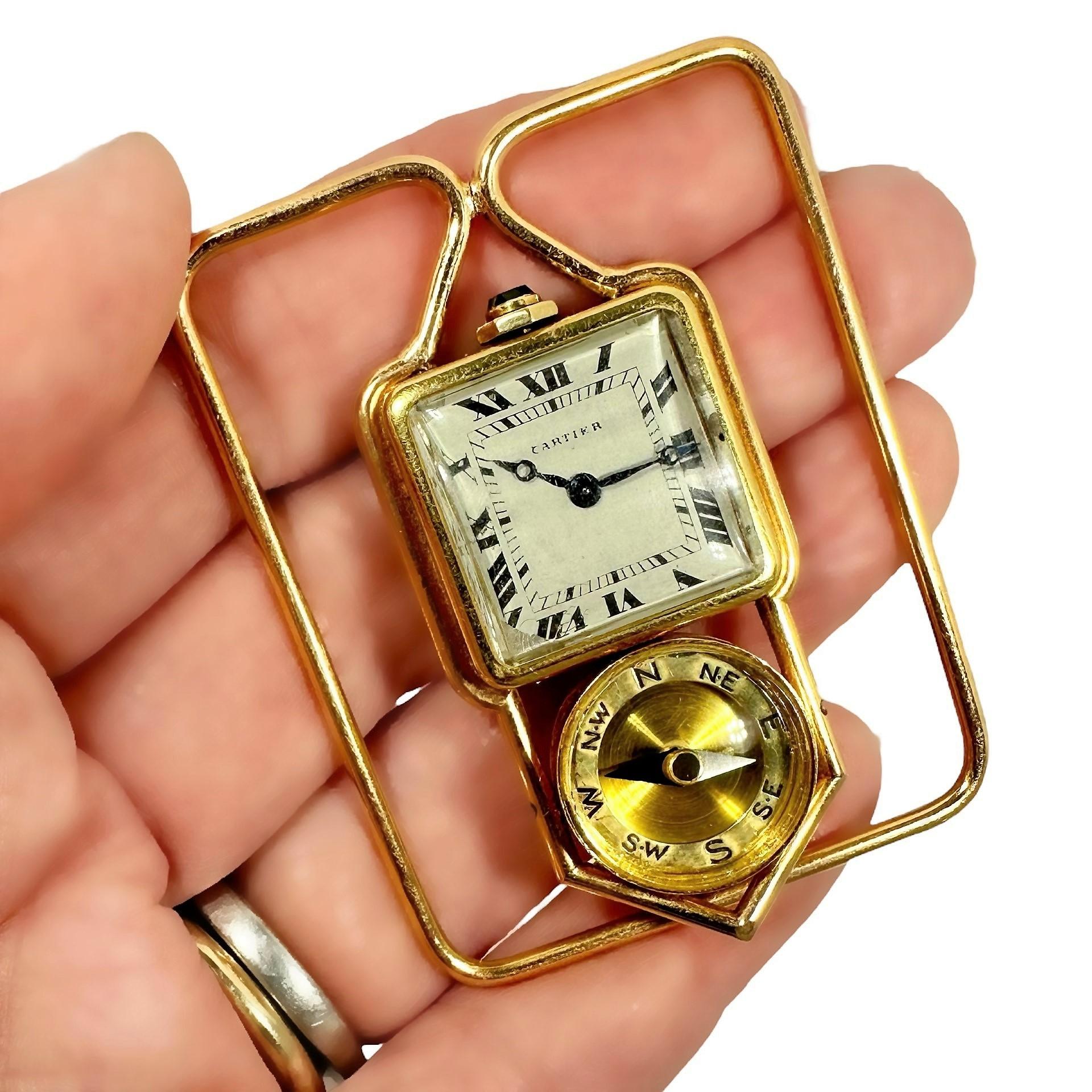Rare 18k Gold French Cartier Art Deco Money Clip with Watch & Compass Attached 3