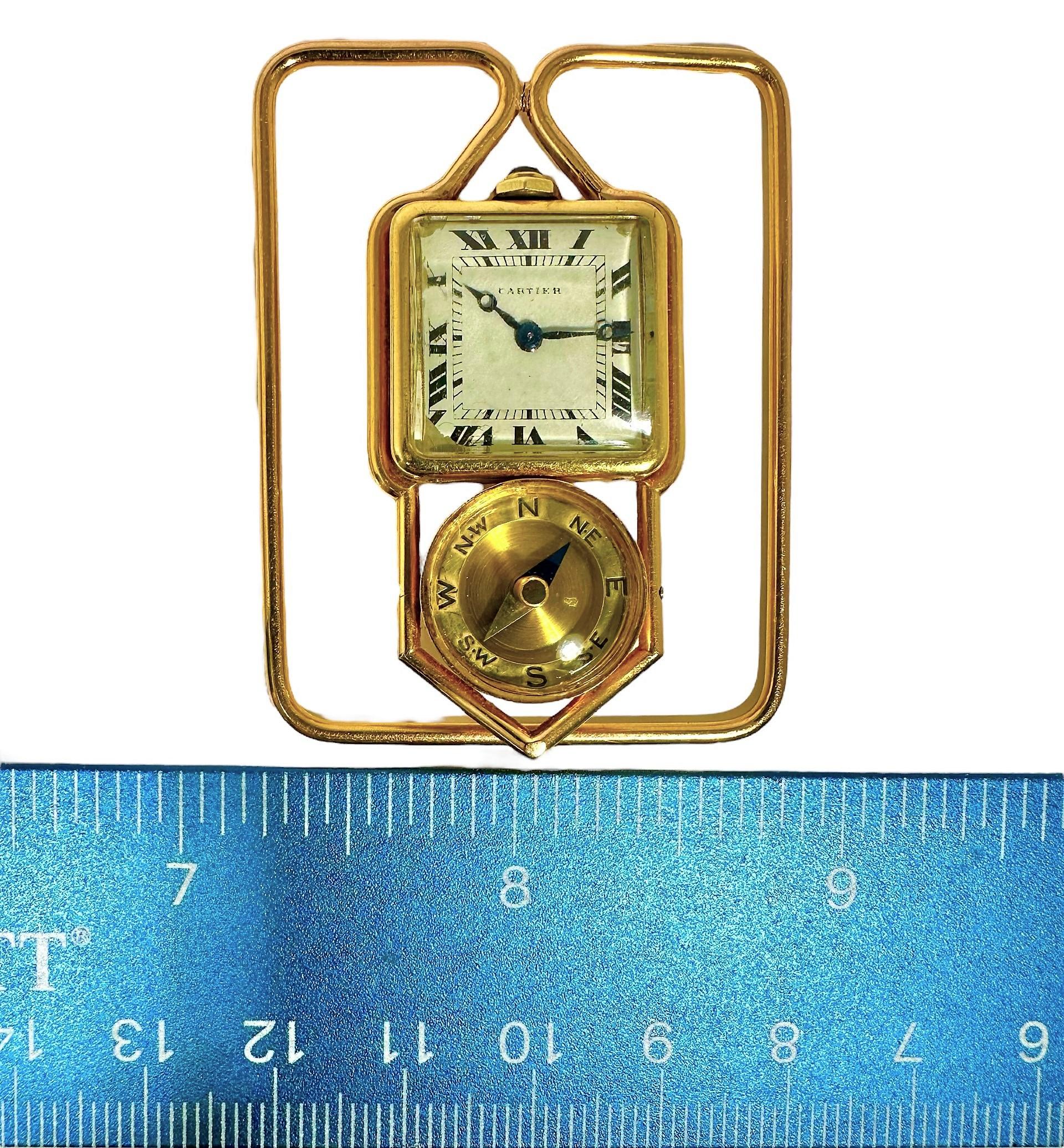 Rare 18k Gold French Cartier Art Deco Money Clip with Watch & Compass Attached In Good Condition In Palm Beach, FL