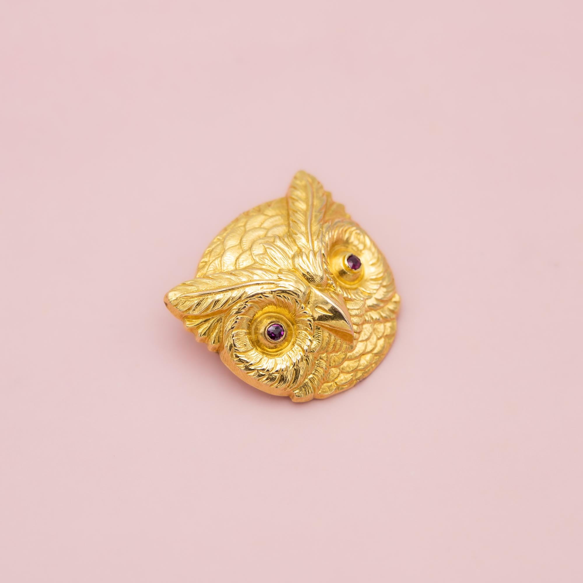 Rare 18k gold Victorian owl brooch - large Owl Head - Antique pin - Art Nouveau 5