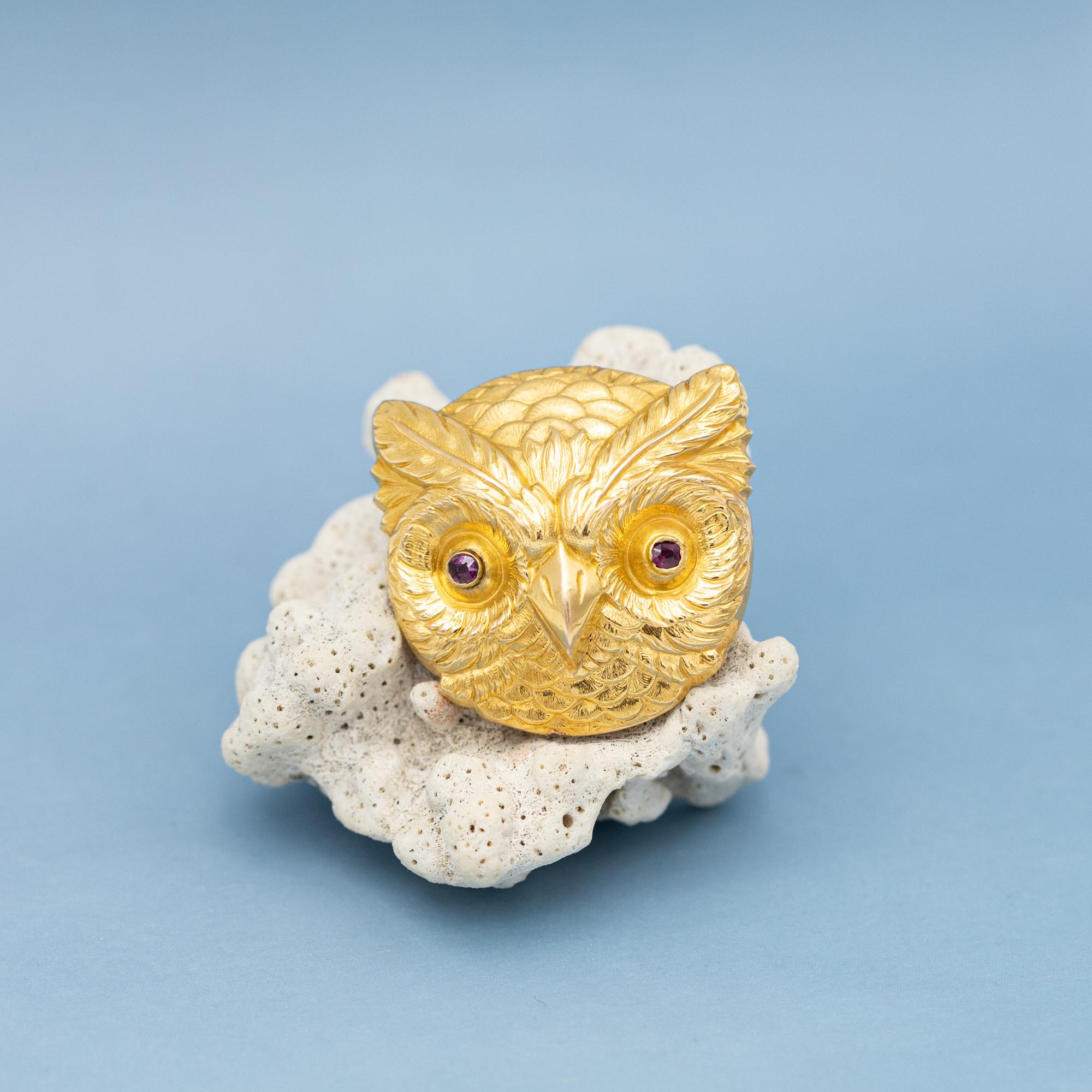 Rare 18k gold Victorian owl brooch - large Owl Head - Antique pin - Art Nouveau 7
