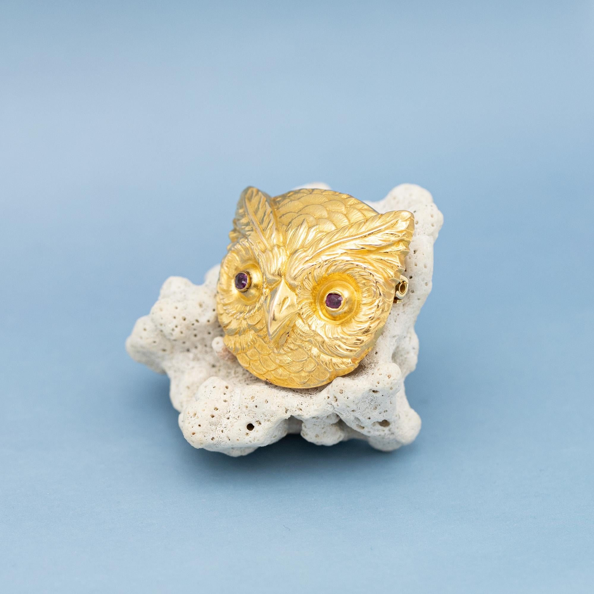 Rare 18k gold Victorian owl brooch - large Owl Head - Antique pin - Art Nouveau In Good Condition In Antwerp, BE