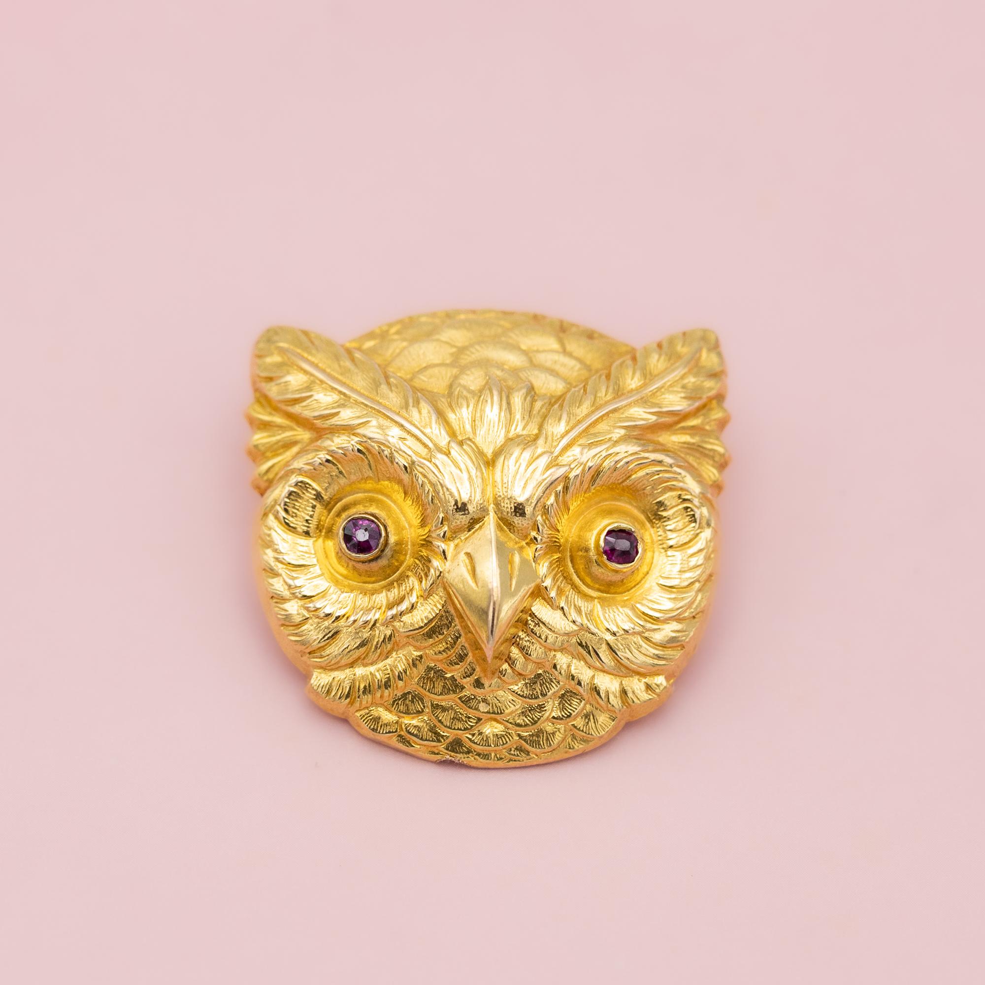 Women's or Men's Rare 18k gold Victorian owl brooch - large Owl Head - Antique pin - Art Nouveau