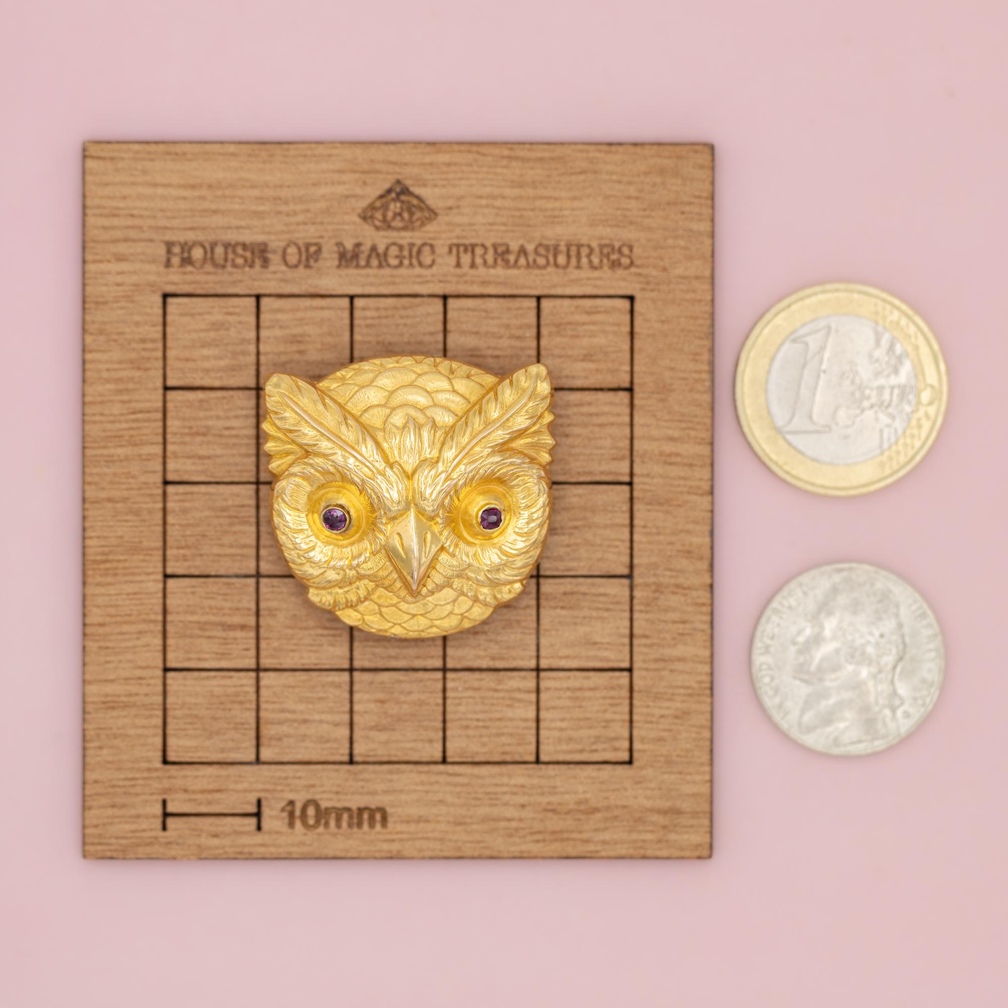 Rare 18k gold Victorian owl brooch - large Owl Head - Antique pin - Art Nouveau 3