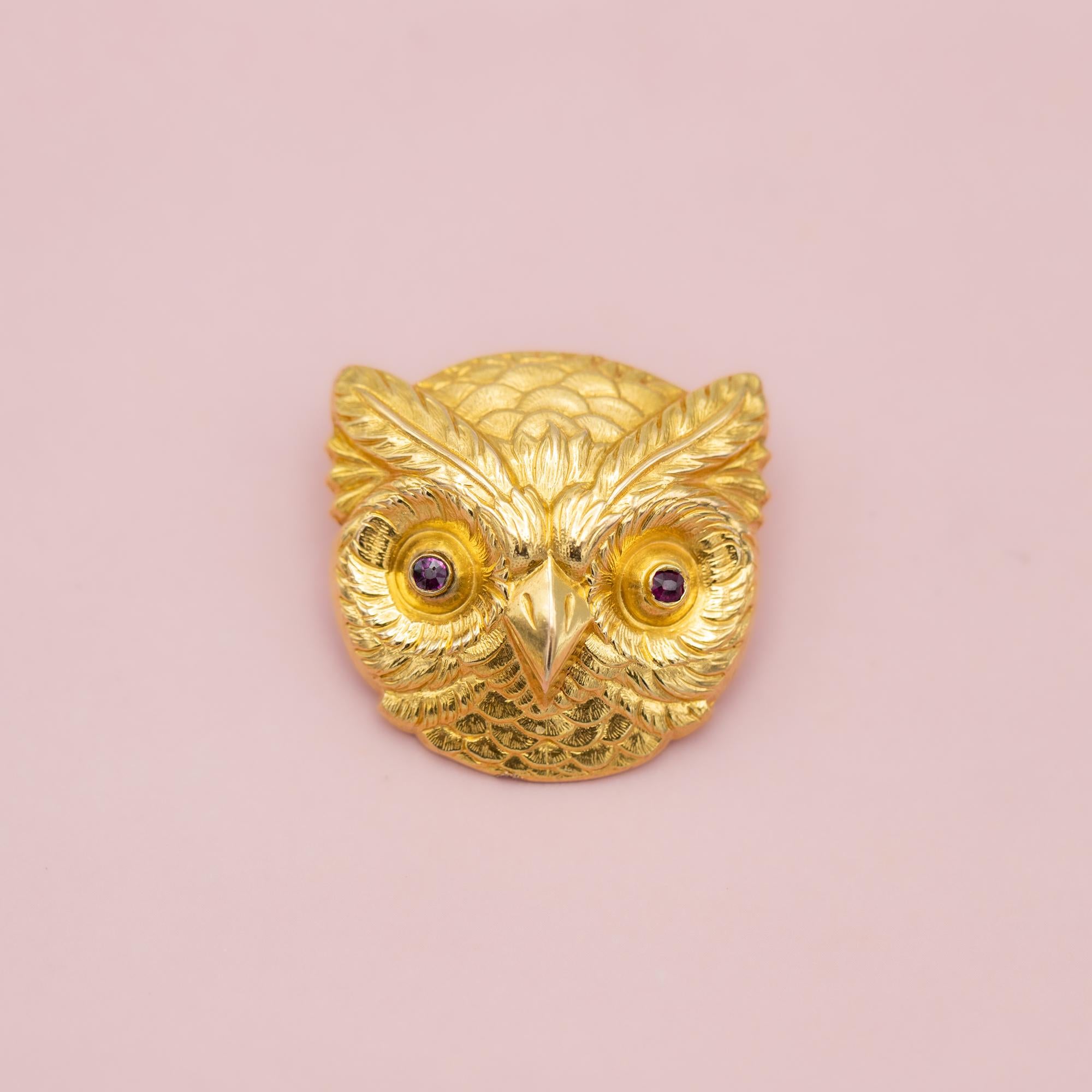 Rare 18k gold Victorian owl brooch - large Owl Head - Antique pin - Art Nouveau 4