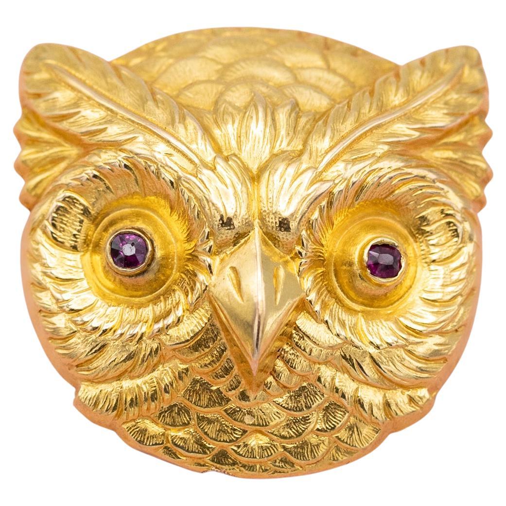 Rare 18k gold Victorian owl brooch - large Owl Head - Antique pin - Art Nouveau