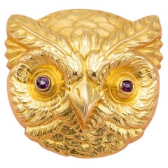 Rare 18k gold Victorian owl brooch - large Owl Head - Antique pin - Art Nouveau