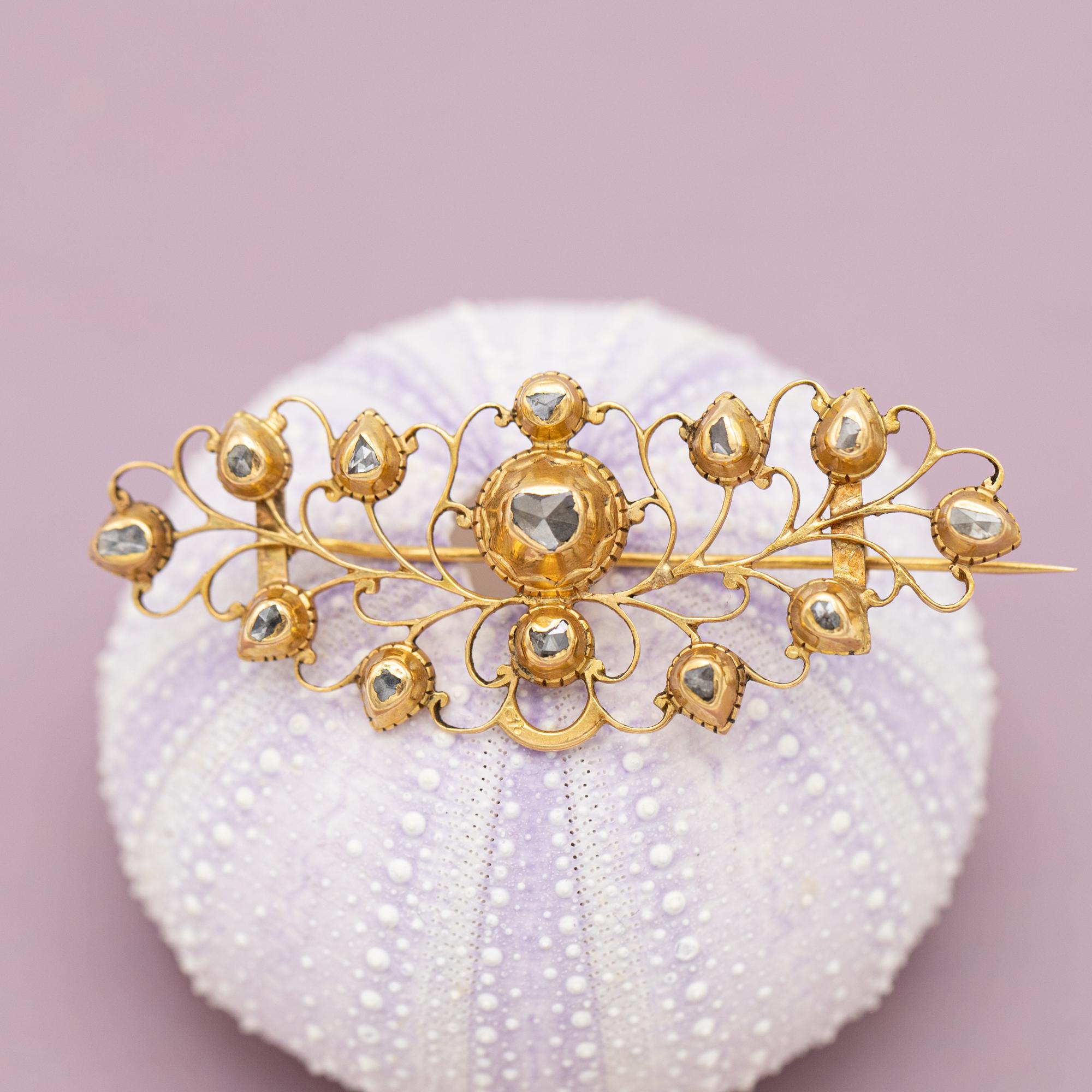 Rose Cut Rare 18k Marvellous antique European brooch - Georgian rose cut diamond jewel