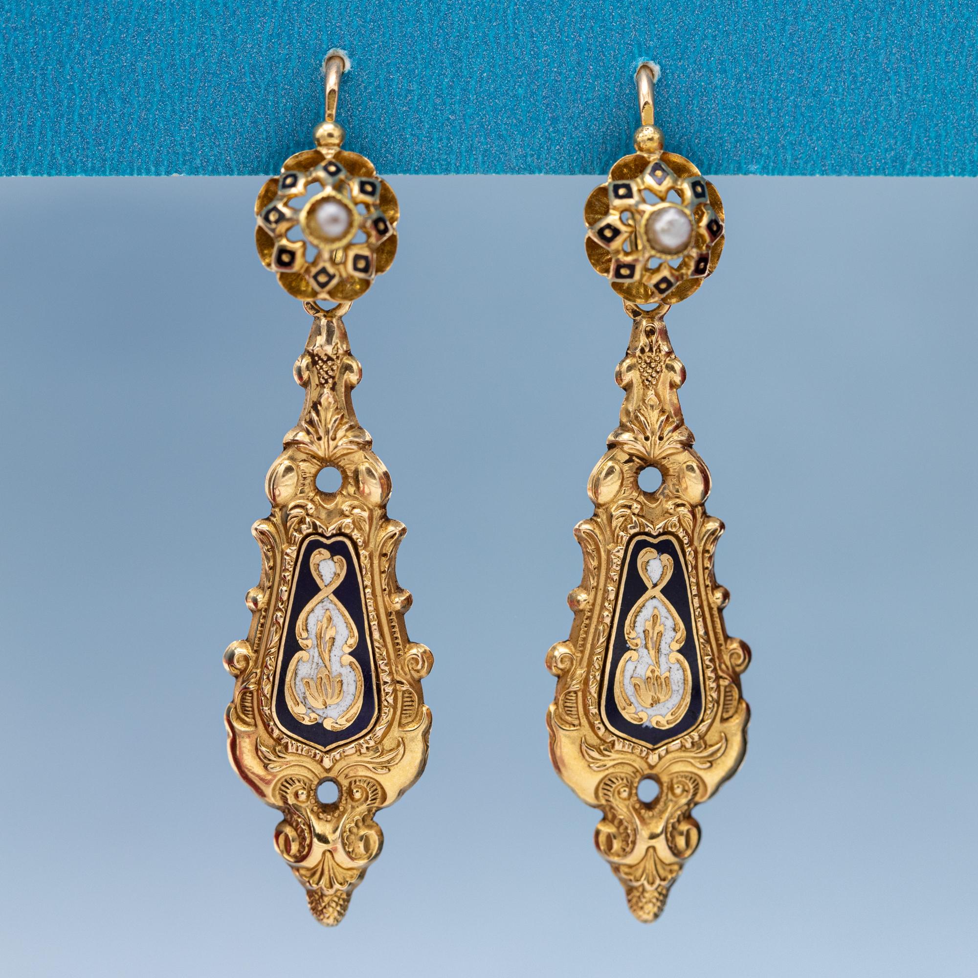 Raros pendientes florales Day And Night de oro macizo de 18 quilates - Antiguos dormeuses colgantes 4