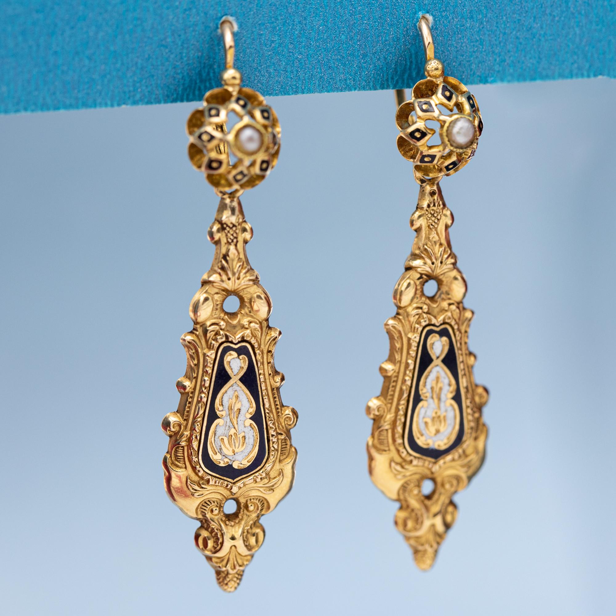 Raros pendientes florales Day And Night de oro macizo de 18 quilates - Antiguos dormeuses colgantes 5