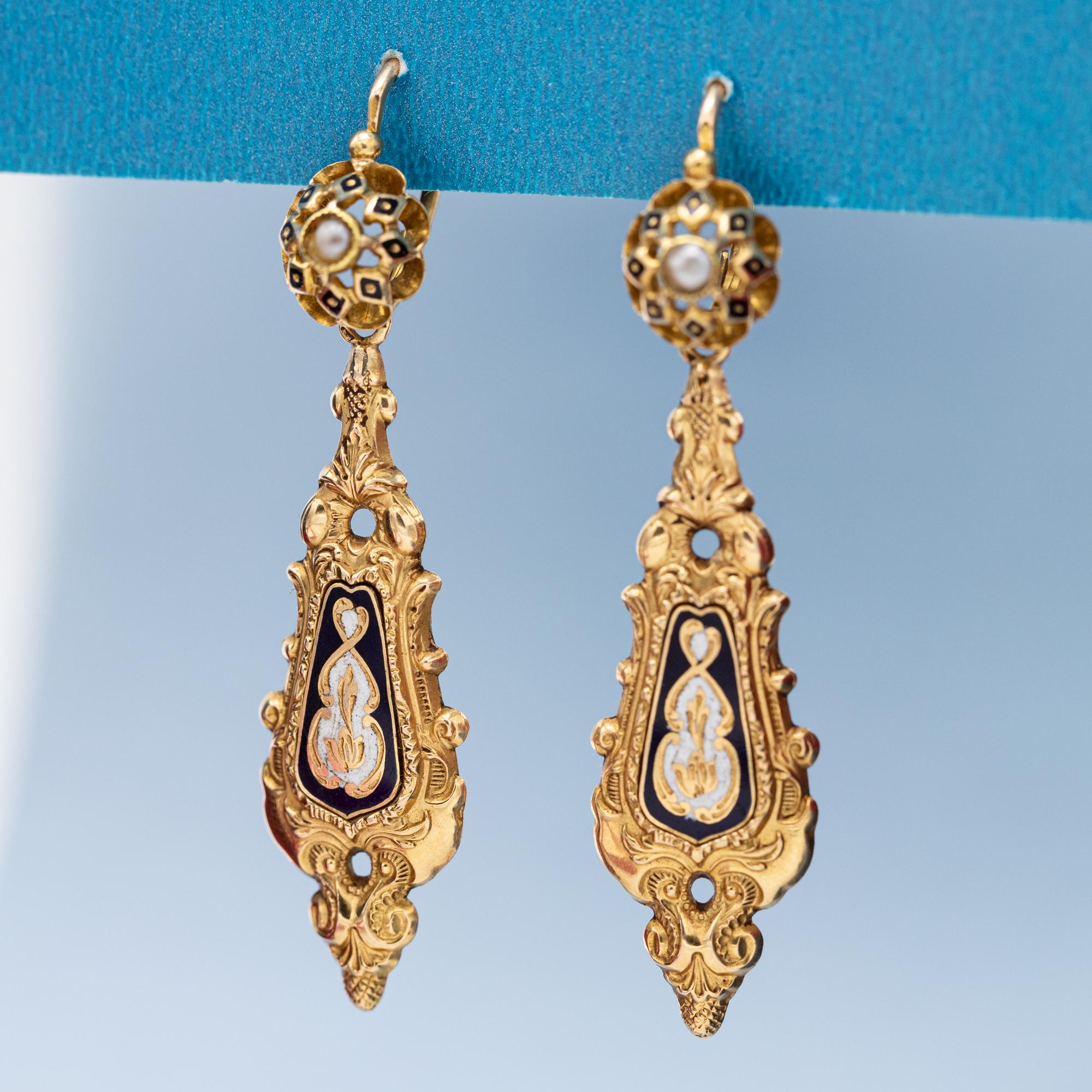 Raros pendientes florales Day And Night de oro macizo de 18 quilates - Antiguos dormeuses colgantes 6