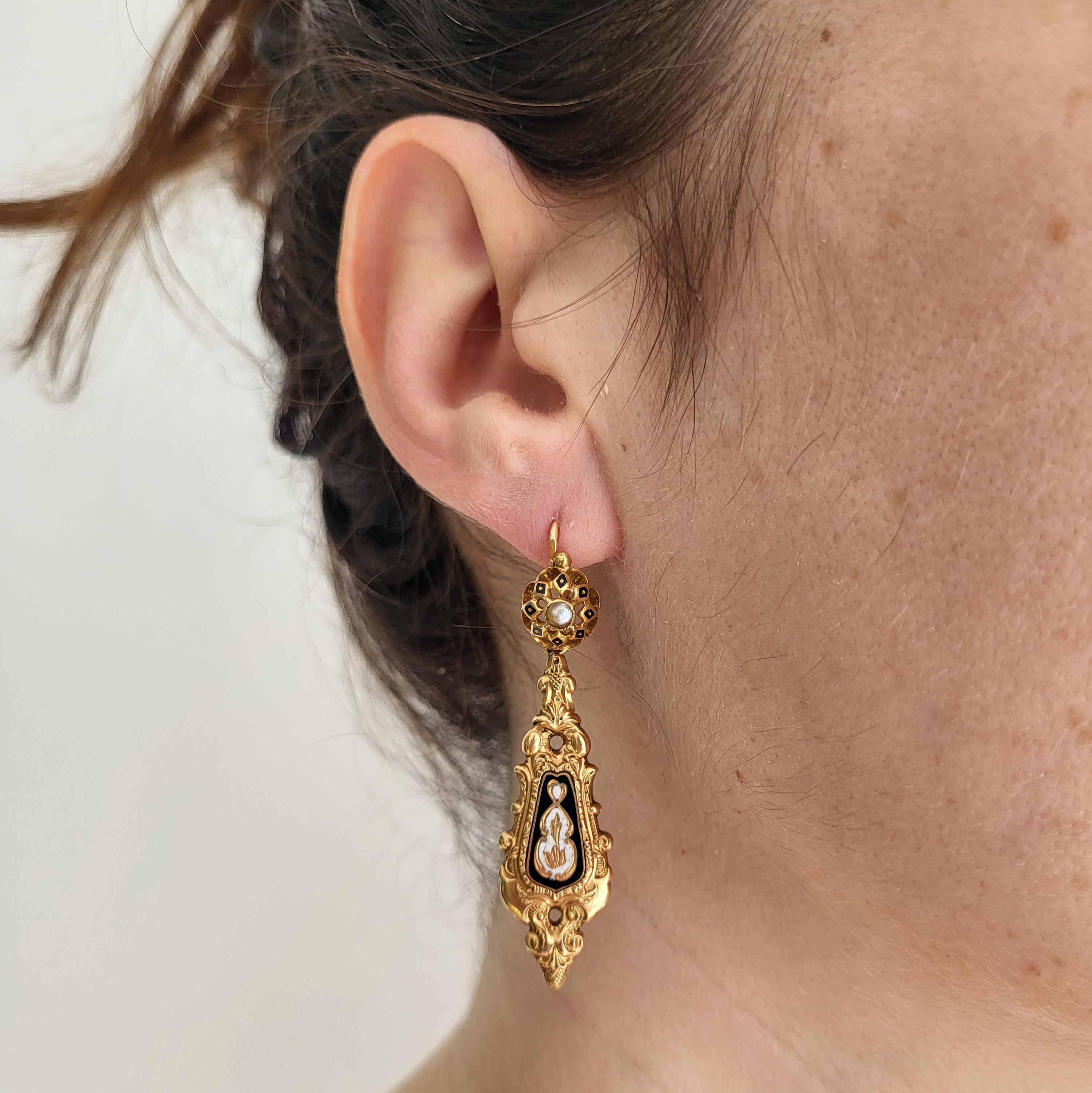 Raros pendientes florales Day And Night de oro macizo de 18 quilates - Antiguos dormeuses colgantes 8