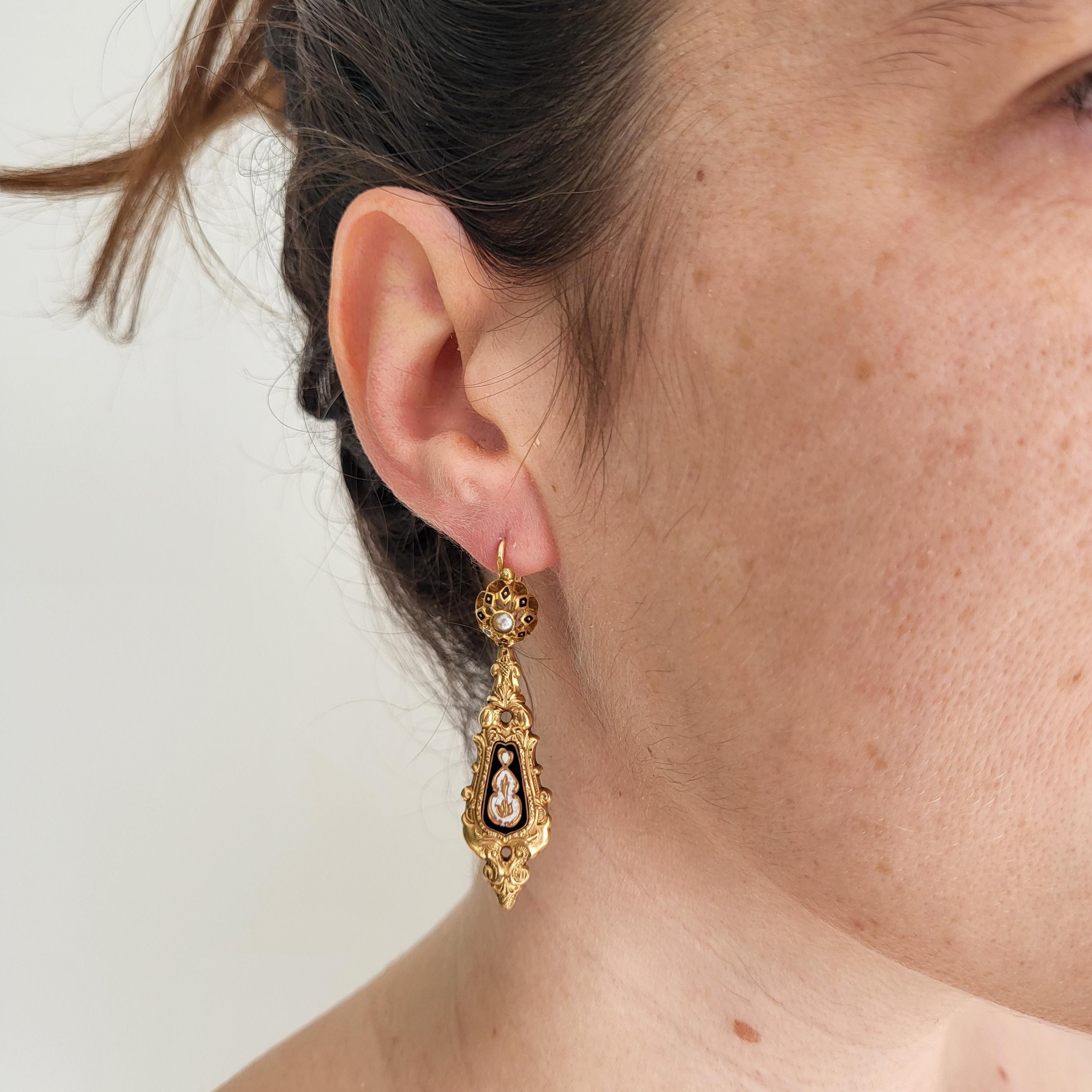Raros pendientes florales Day And Night de oro macizo de 18 quilates - Antiguos dormeuses colgantes 9