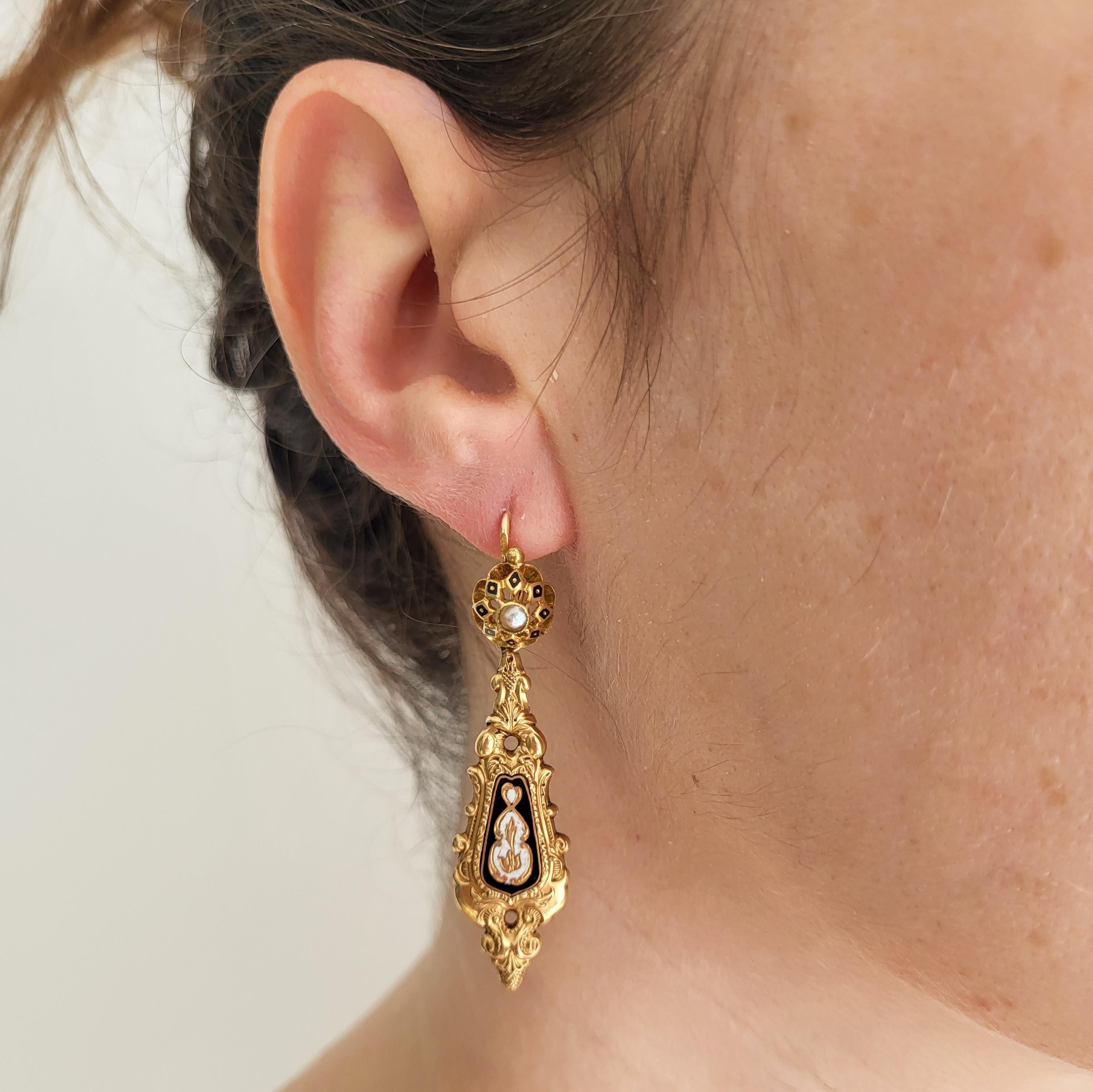 Raros pendientes florales Day And Night de oro macizo de 18 quilates - Antiguos dormeuses colgantes 10