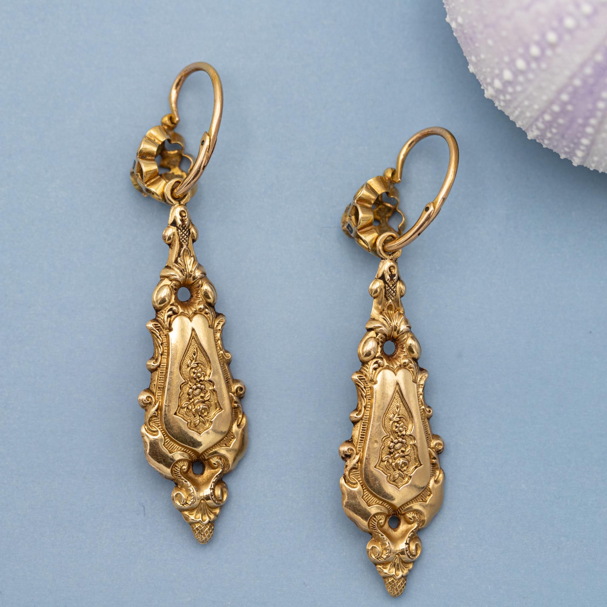 Raros pendientes florales Day And Night de oro macizo de 18 quilates - Antiguos dormeuses colgantes Victoriano