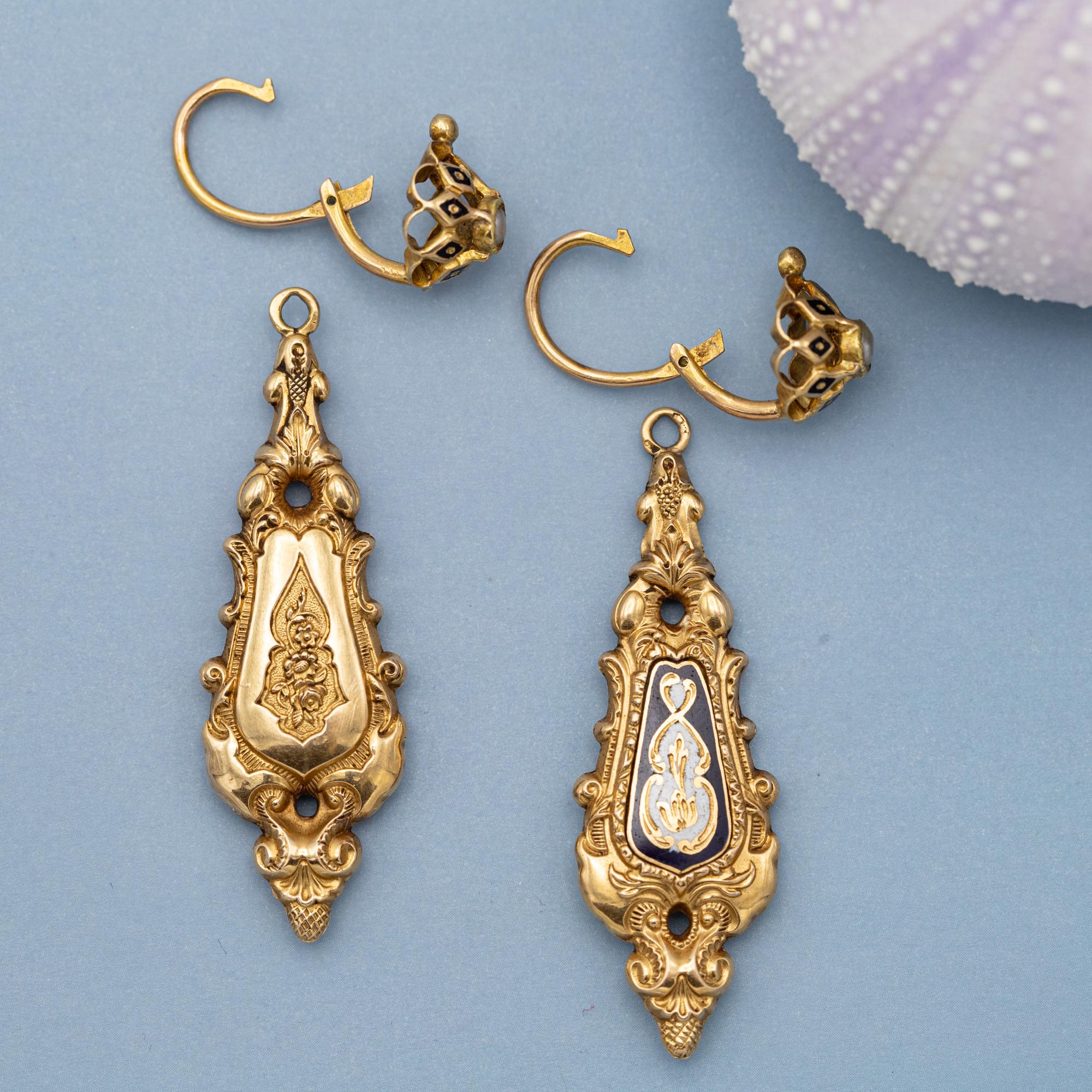 Raros pendientes florales Day And Night de oro macizo de 18 quilates - Antiguos dormeuses colgantes Corte redondo