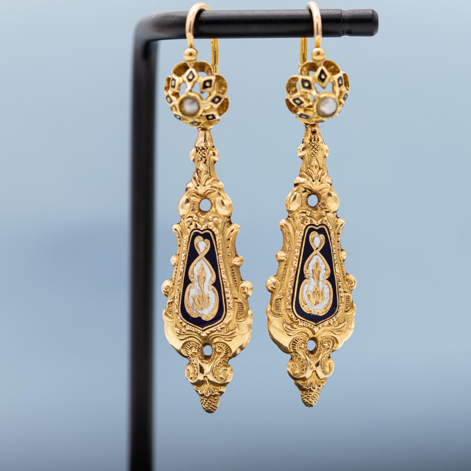 Raros pendientes florales Day And Night de oro macizo de 18 quilates - Antiguos dormeuses colgantes 1
