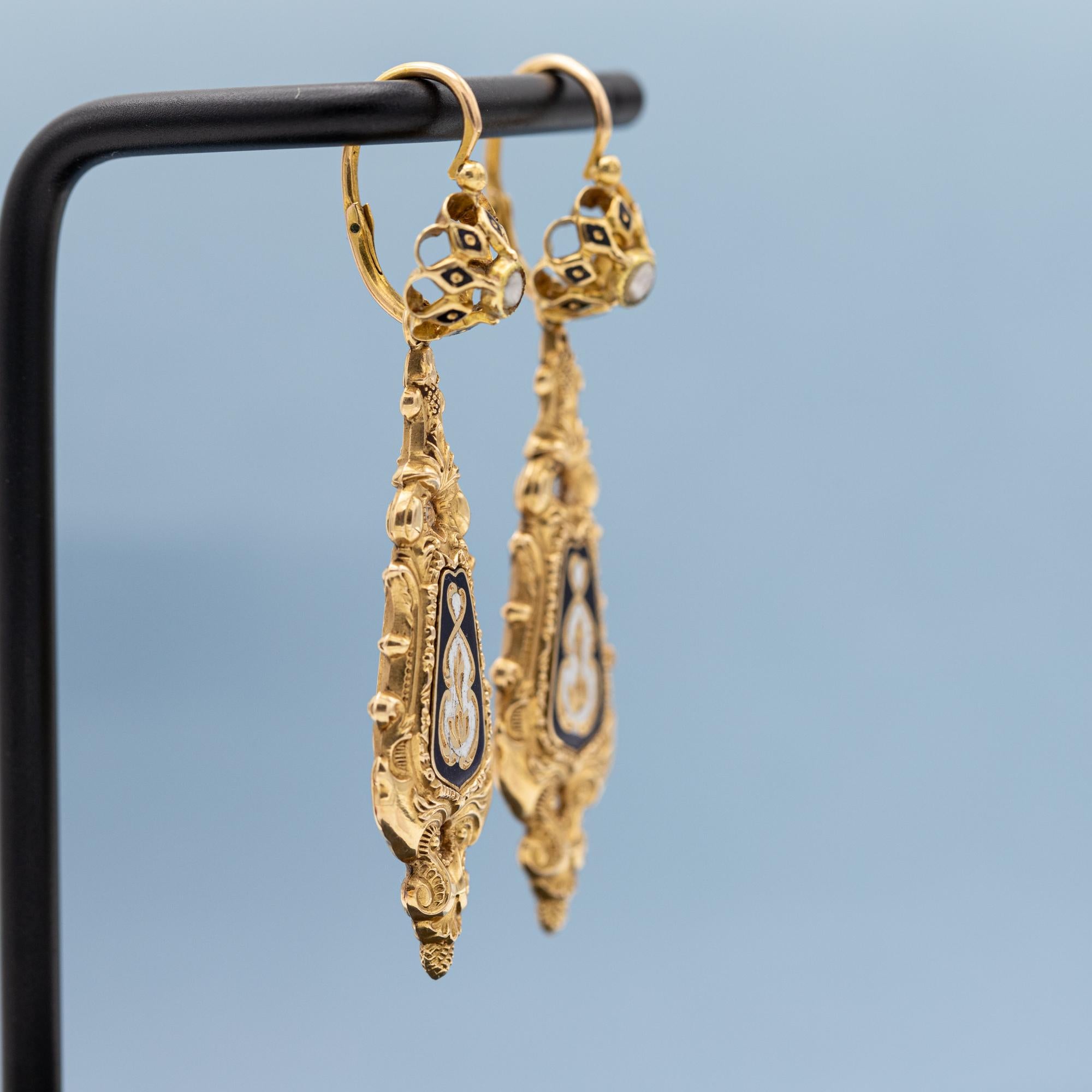 Raros pendientes florales Day And Night de oro macizo de 18 quilates - Antiguos dormeuses colgantes 2