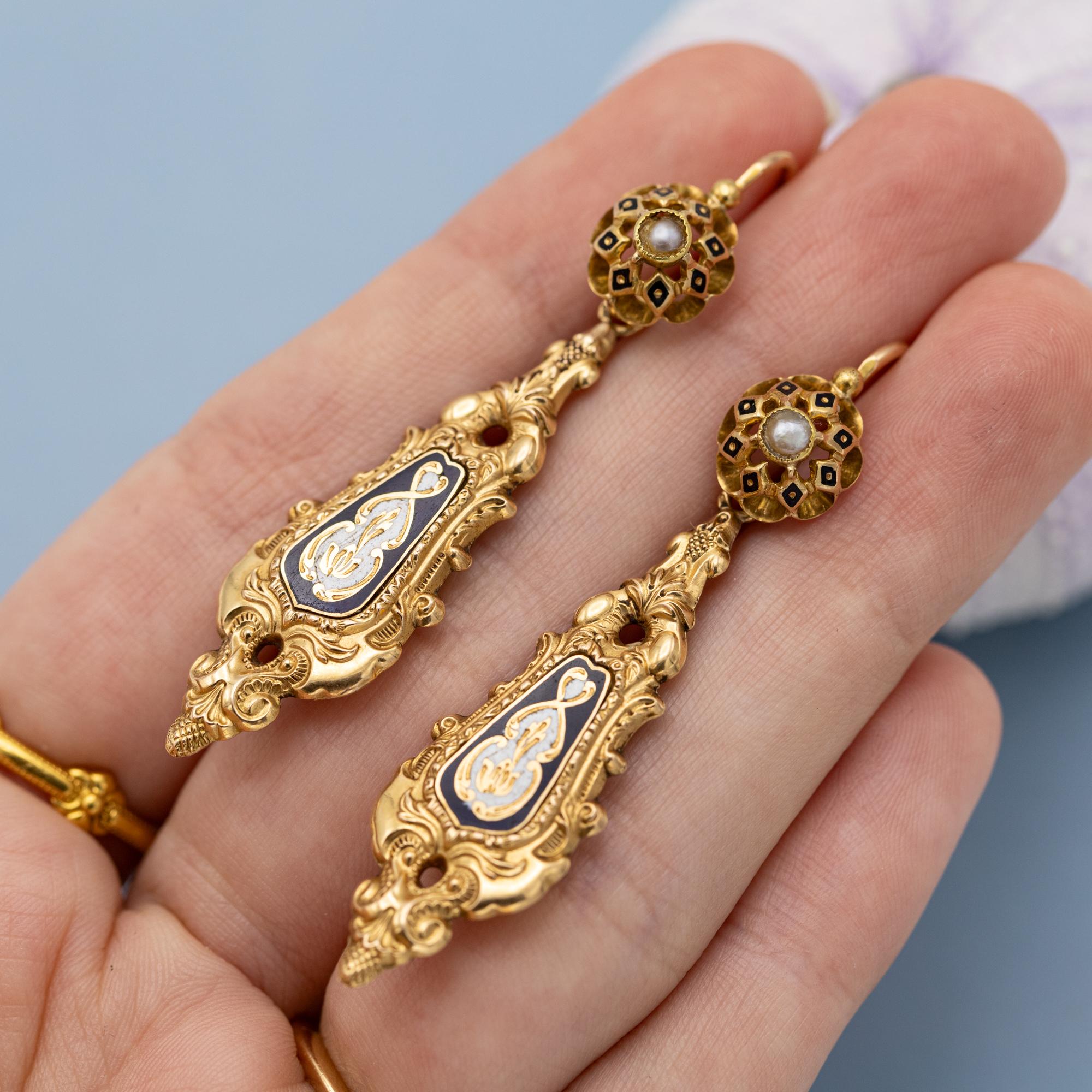 Raros pendientes florales Day And Night de oro macizo de 18 quilates - Antiguos dormeuses colgantes 3