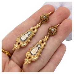 Raros pendientes florales Day And Night de oro macizo de 18 quilates - Antiguos dormeuses colgantes